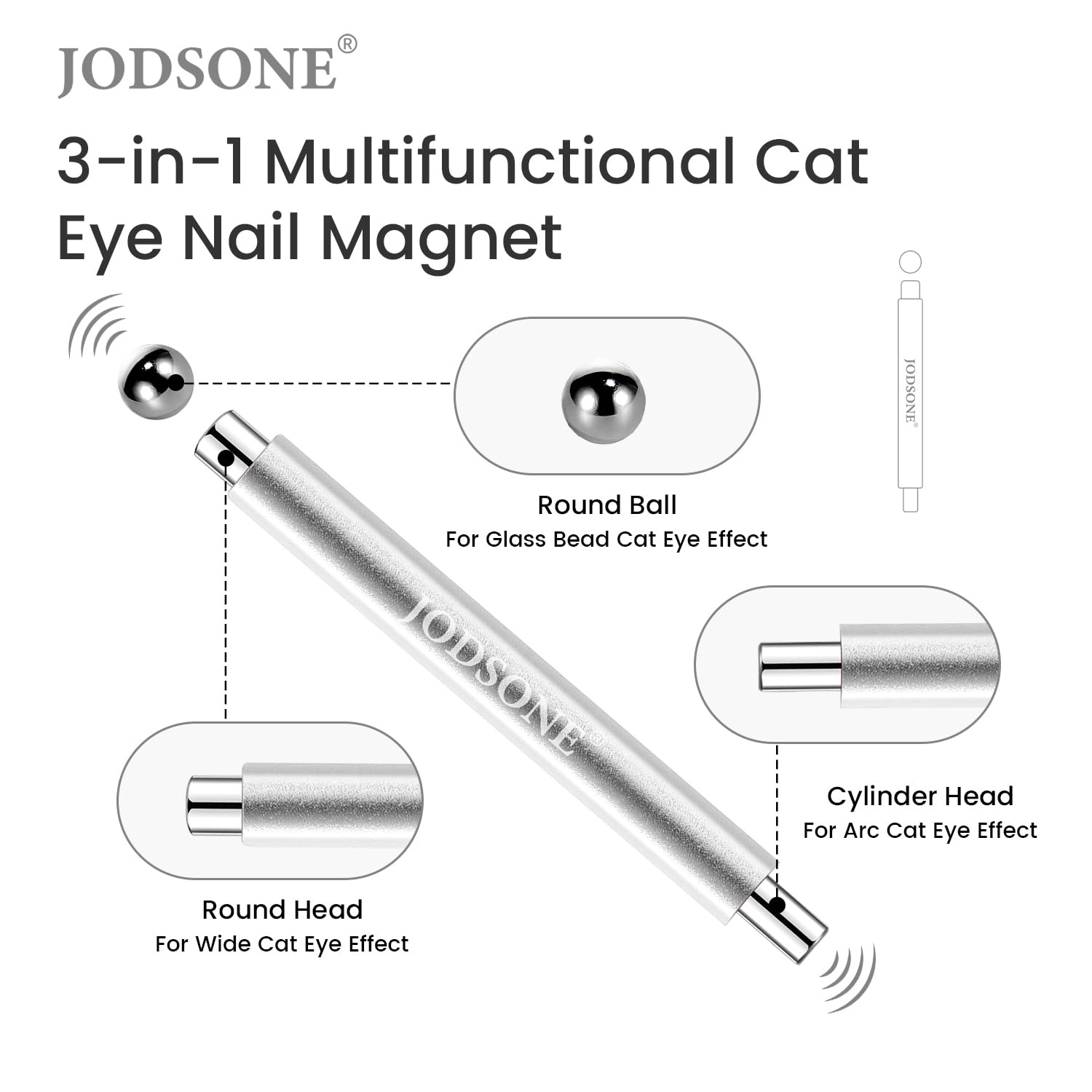 JODSONE 3-in-1 Cat Eye Magnet Nail Art Tool,Silver Cylindrical & Round Ball Nail Magnet Pens, Multi-Effect Magnets for Cat Eye Gel Polish DIY at Home Salon