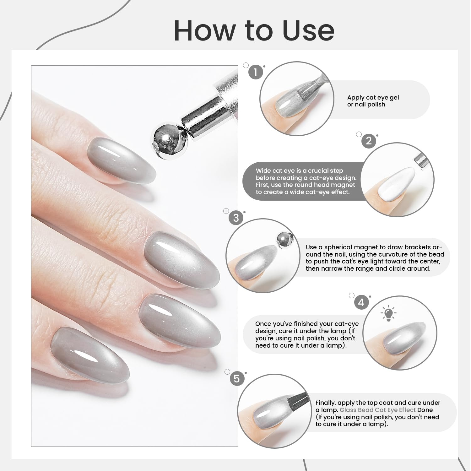 JODSONE 3-in-1 Cat Eye Magnet Nail Art Tool,Silver Cylindrical & Round Ball Nail Magnet Pens, Multi-Effect Magnets for Cat Eye Gel Polish DIY at Home Salon - view 3