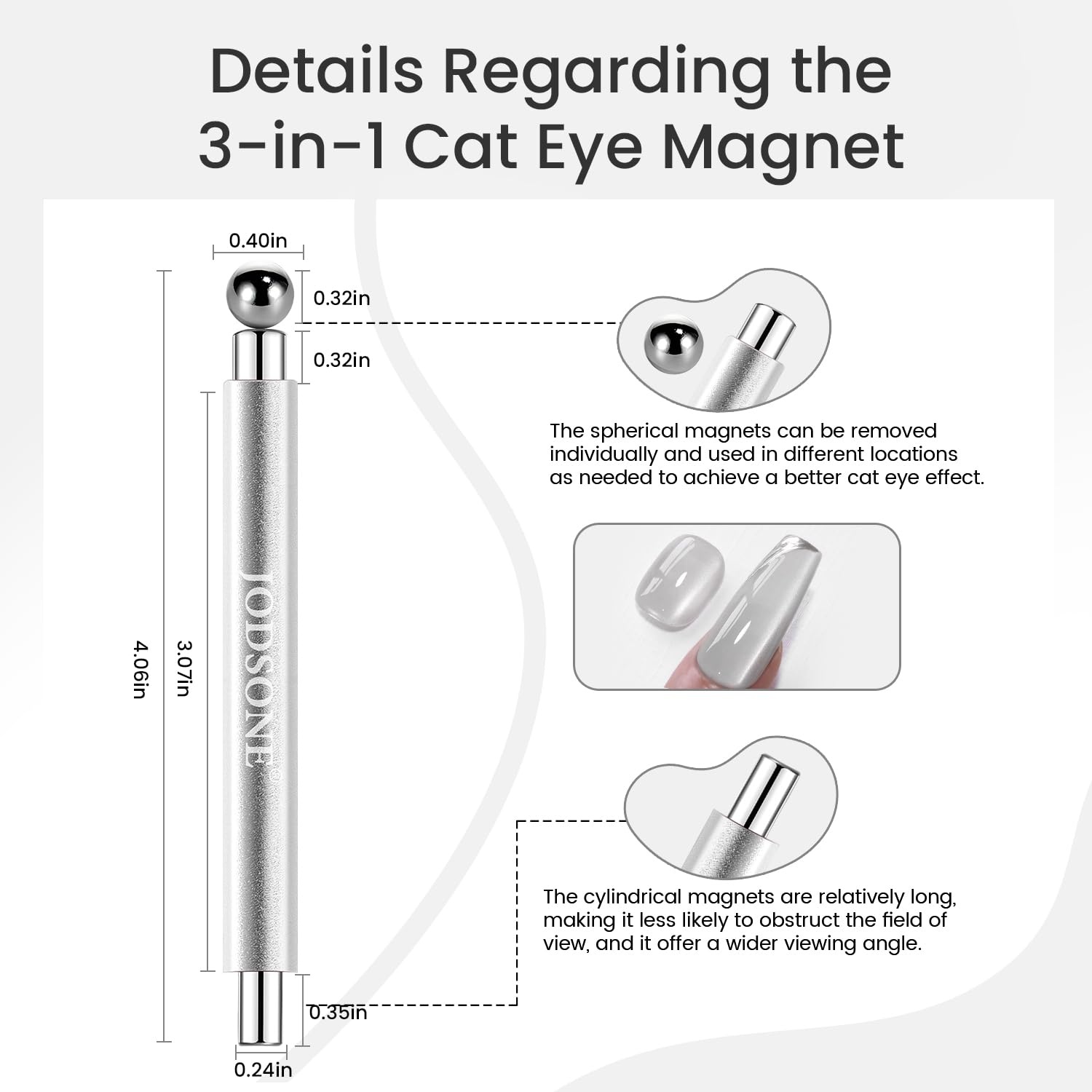 JODSONE 3-in-1 Cat Eye Magnet Nail Art Tool,Silver Cylindrical & Round Ball Nail Magnet Pens, Multi-Effect Magnets for Cat Eye Gel Polish DIY at Home Salon - view 4