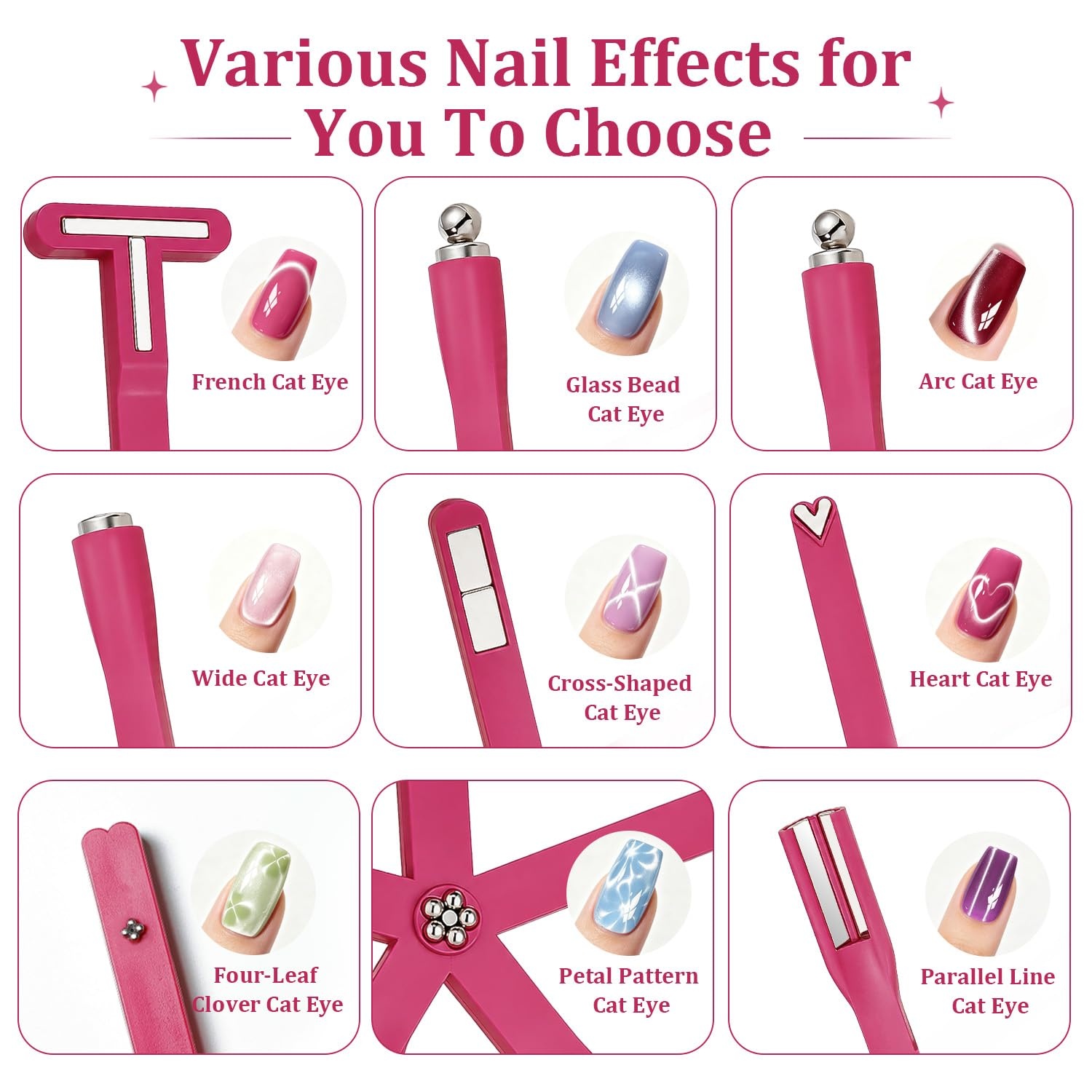 JODSONE Cat Eye Magnet, 8-in-1 Multi-Effect Nail Magnetic Tool for Cat Eye Gel Polish, Create French Tip, Heart, Ribbon & Glass Bead Designs, Nail Art Tool for DIY & Salon(M1)