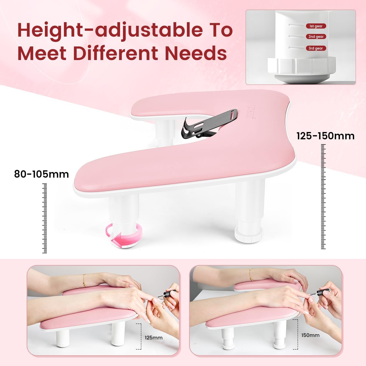 JODSONE U-Shaped Brown Arm Rest for Nails Tech with Rotating 360°Built-In Phone Holder and Adjustable Nail Arm Rest Detachable Manicure Hand Rest for Salon Design(Pink-Without Mat)