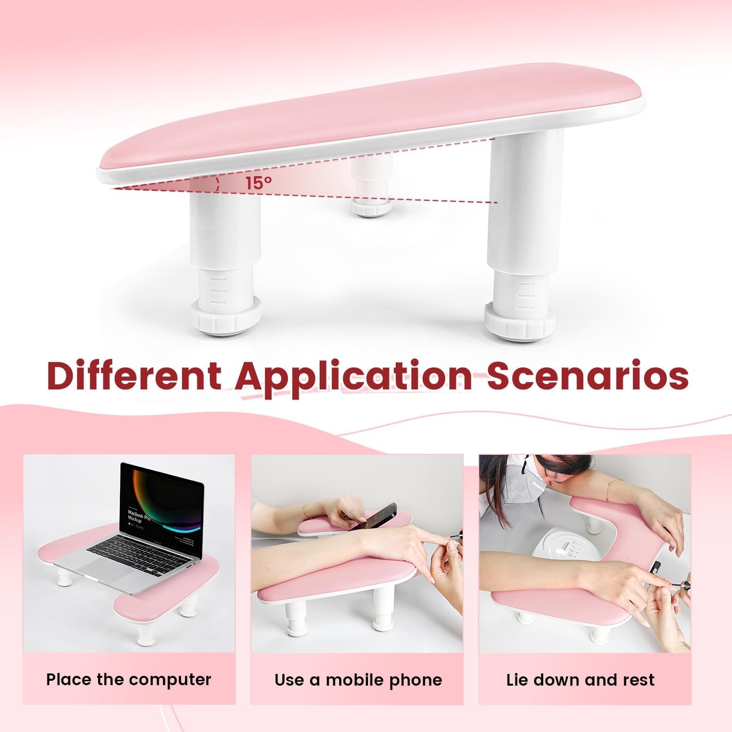 JODSONE U-Shaped Brown Arm Rest for Nails Tech with Rotating 360°Built-In Phone Holder and Adjustable Nail Arm Rest Detachable Manicure Hand Rest for Salon Design(Pink-Without Mat) - view 2