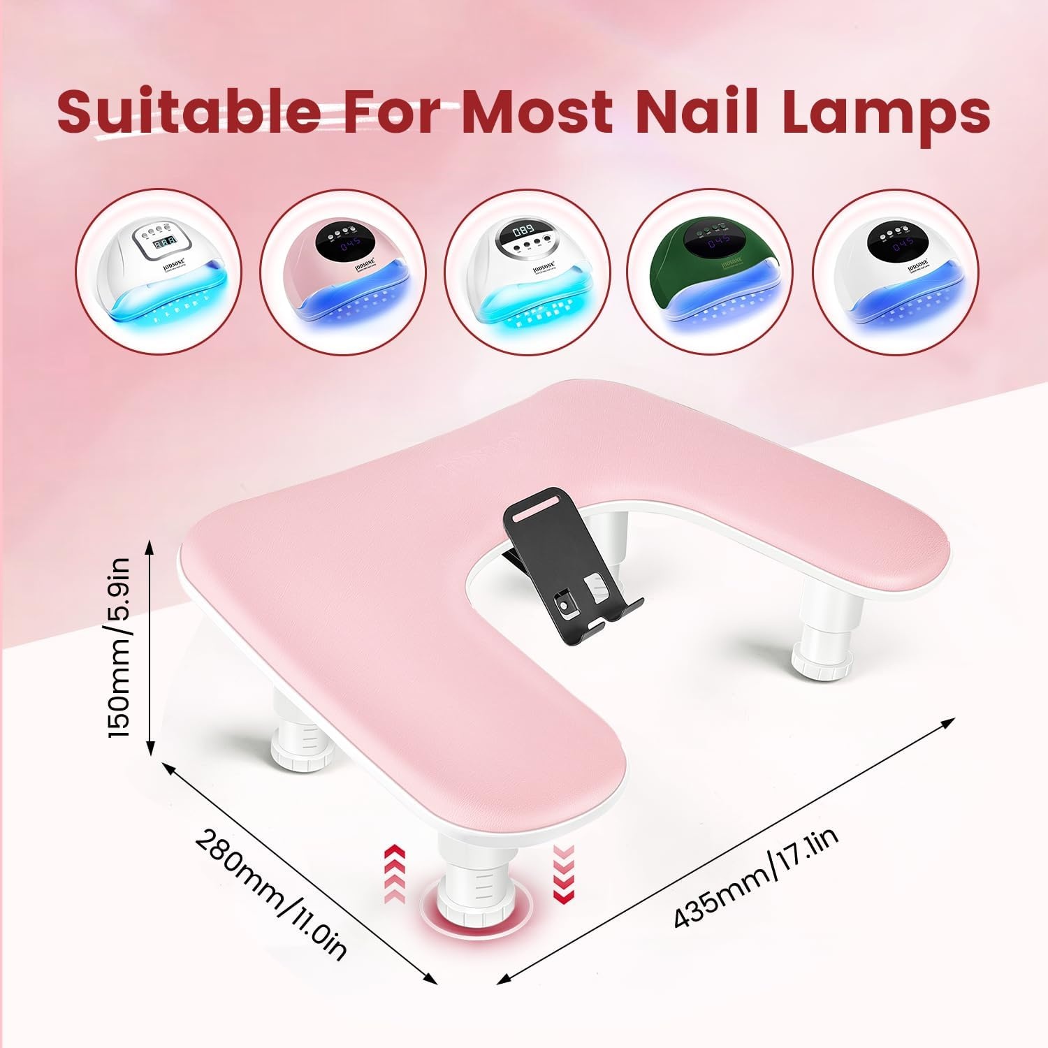 JODSONE U-Shaped Brown Arm Rest for Nails Tech with Rotating 360°Built-In Phone Holder and Adjustable Nail Arm Rest Detachable Manicure Hand Rest for Salon Design(Pink-Without Mat) - view 3