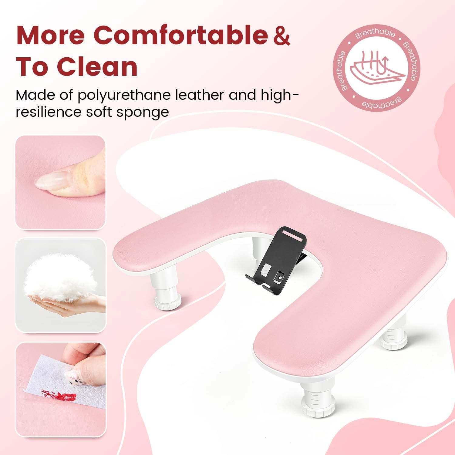 JODSONE U-Shaped Brown Arm Rest for Nails Tech with Rotating 360°Built-In Phone Holder and Adjustable Nail Arm Rest Detachable Manicure Hand Rest for Salon Design(Pink-Without Mat) - view 5