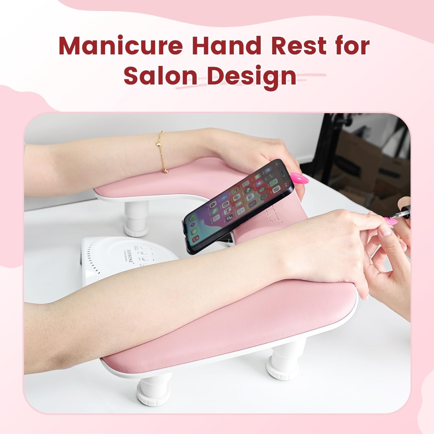 JODSONE U-Shaped Brown Arm Rest for Nails Tech with Rotating 360°Built-In Phone Holder and Adjustable Nail Arm Rest Detachable Manicure Hand Rest for Salon Design(Pink-Without Mat) - view 6