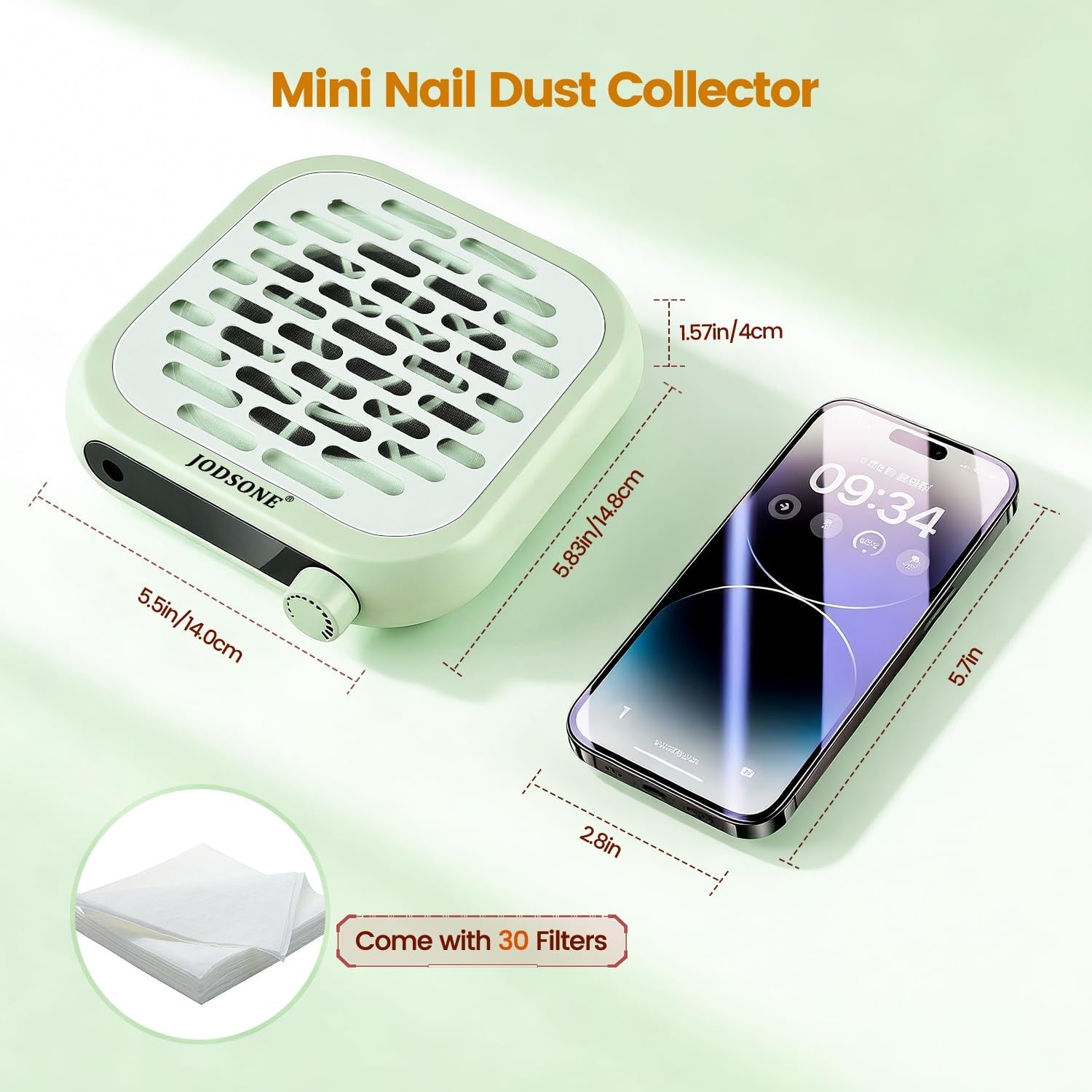 JODSONE Mini Nail Dust Collector PocketSized 6000RPM Powerful Suction Portable Nail Salon with 30 Filters Green(G01)