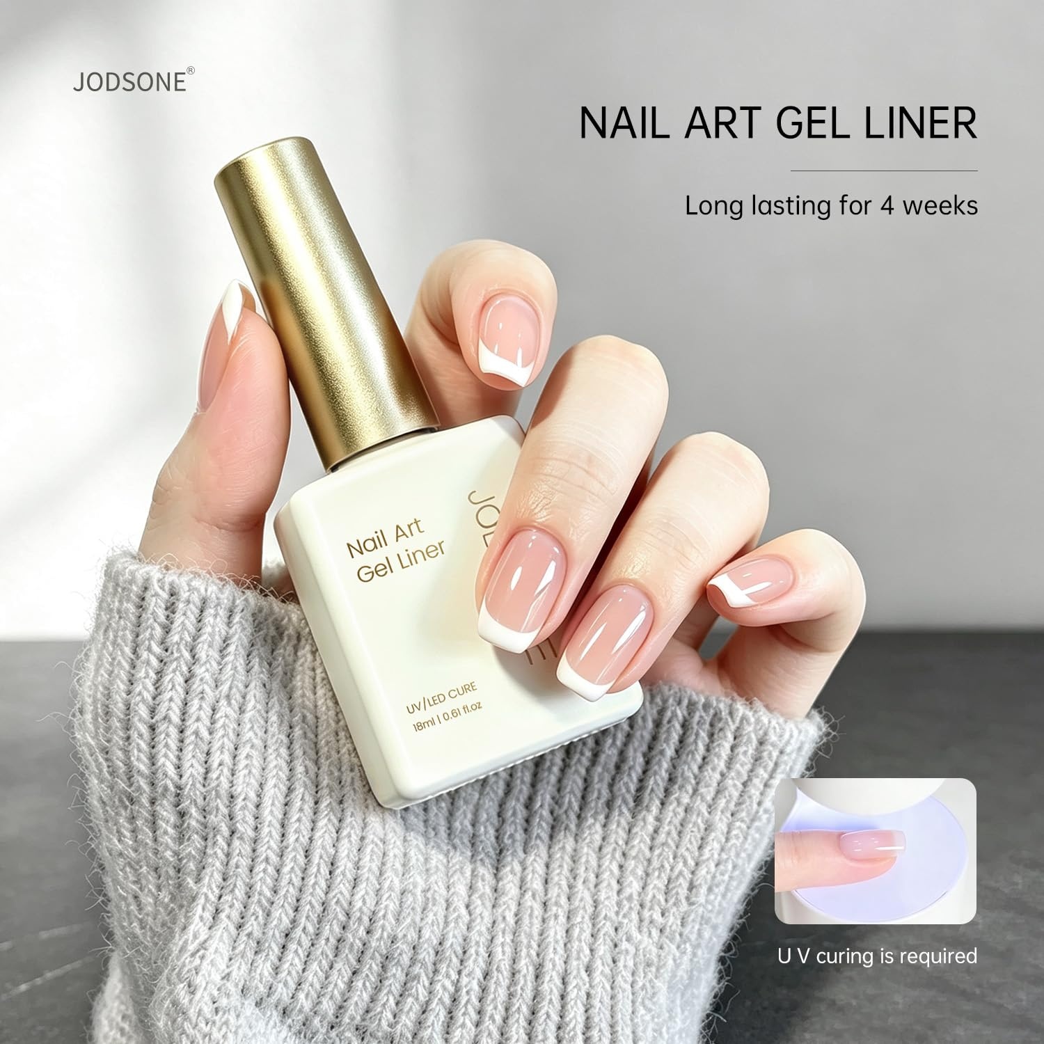 JODSONE White Nail Art Gel Liner, 18ml UV Gel Polish, Thin Brush | Classic White Color Nail Art Polish, French Tip Tool, UV/LED Cure Required, Built-In Thin Brush for DIY Manicure At Home(LMK02)