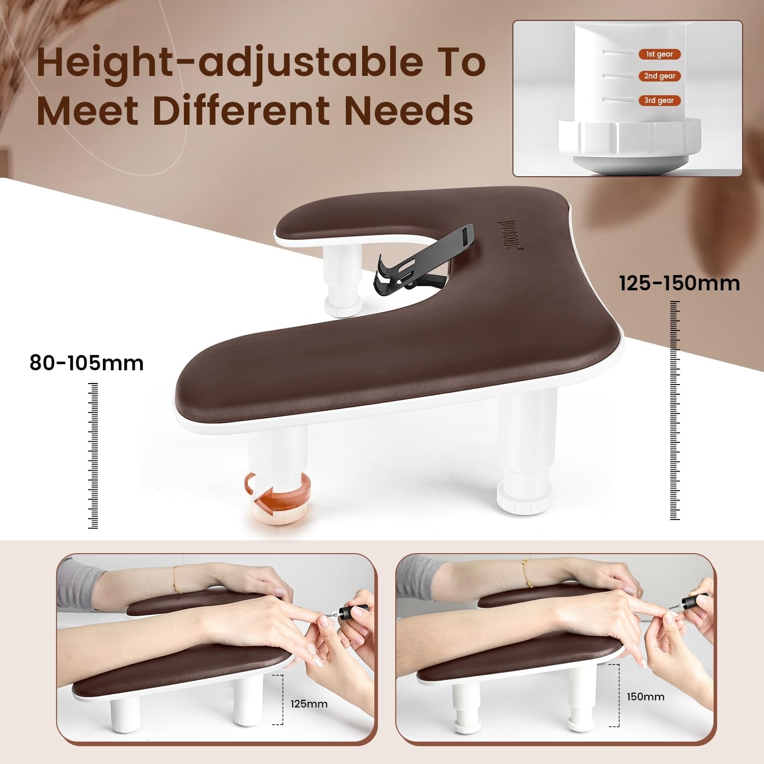 JODSONE U-Shaped Brown Arm Rest for Nails Tech with Rotating 360°Built-In Phone Holder and Adjustable Nail Arm Rest Detachable Manicure Hand Rest for Salon Design(Brown-Without Mat)