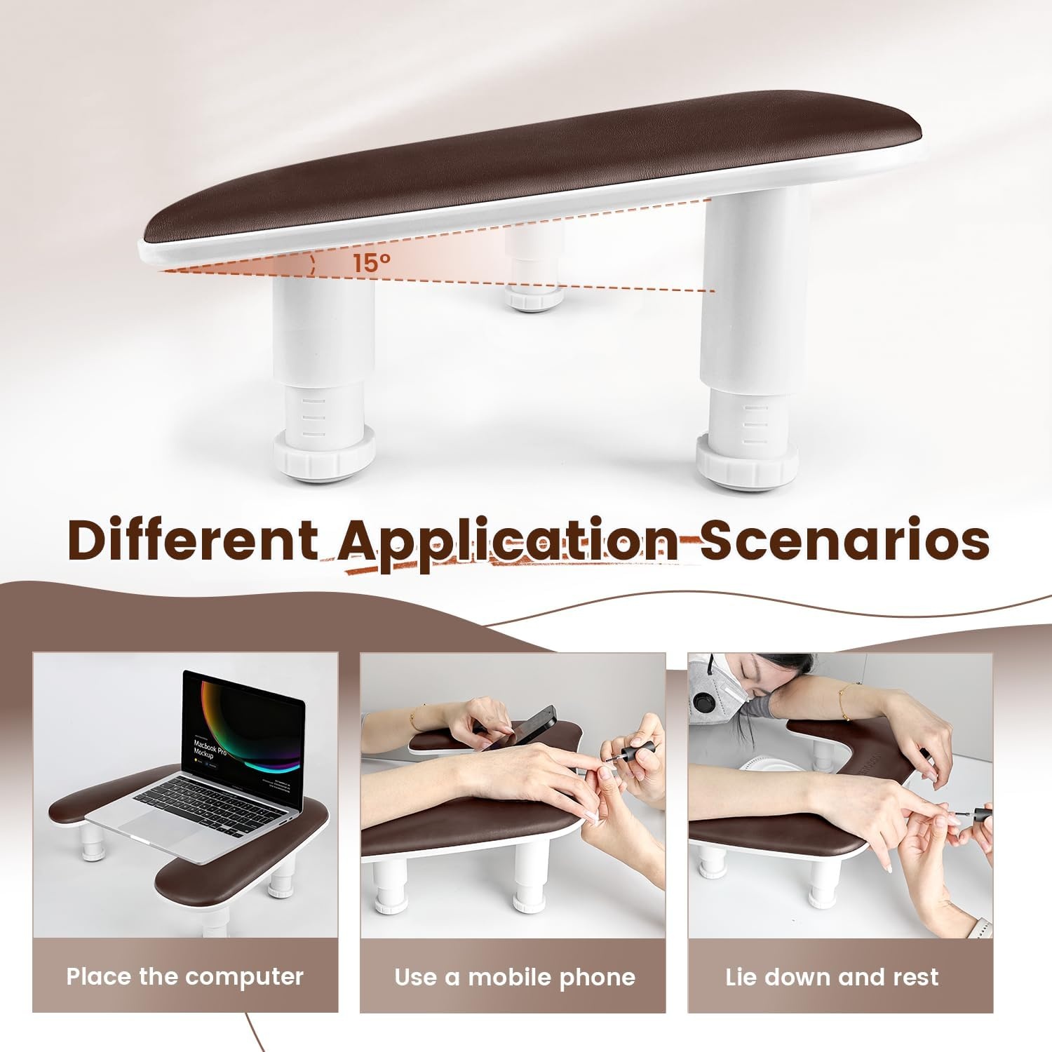 JODSONE U-Shaped Brown Arm Rest for Nails Tech with Rotating 360°Built-In Phone Holder and Adjustable Nail Arm Rest Detachable Manicure Hand Rest for Salon Design(Brown-Without Mat) - view 2