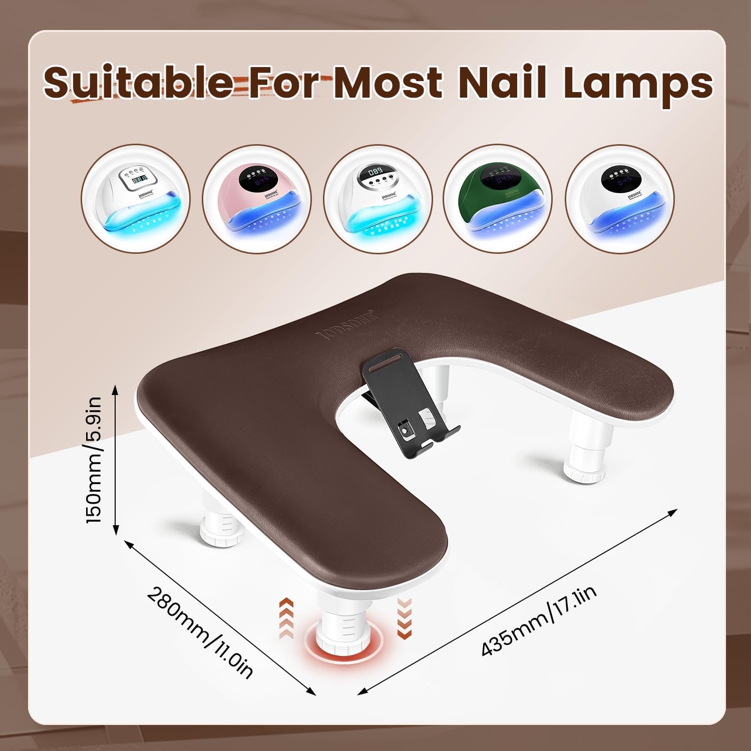 JODSONE U-Shaped Brown Arm Rest for Nails Tech with Rotating 360°Built-In Phone Holder and Adjustable Nail Arm Rest Detachable Manicure Hand Rest for Salon Design(Brown-Without Mat) - view 3