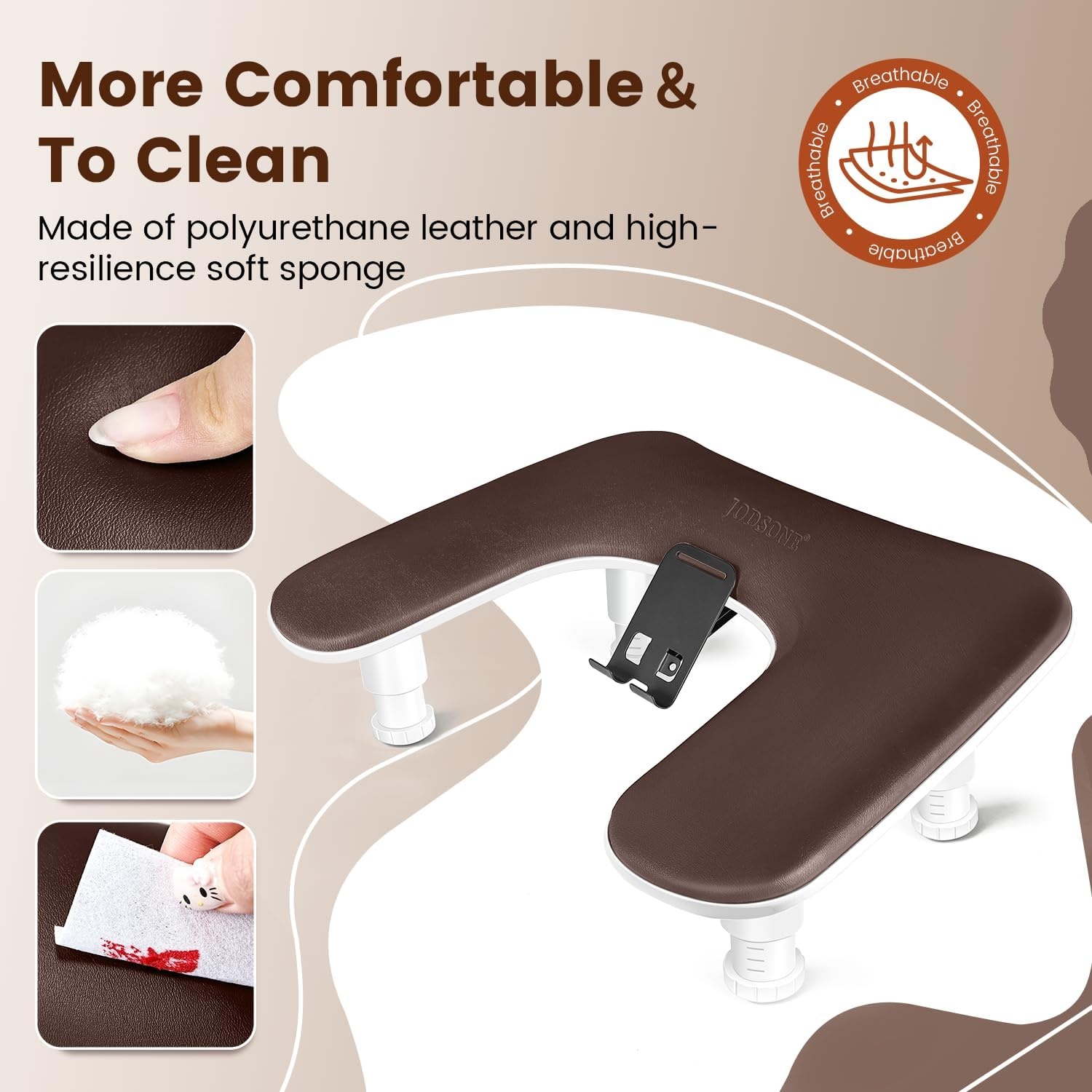 JODSONE U-Shaped Brown Arm Rest for Nails Tech with Rotating 360°Built-In Phone Holder and Adjustable Nail Arm Rest Detachable Manicure Hand Rest for Salon Design(Brown-Without Mat) - view 5