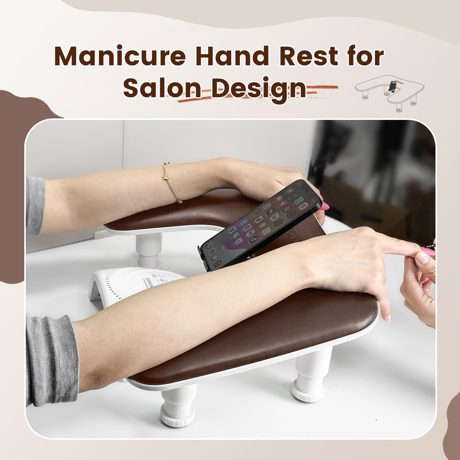 JODSONE U-Shaped Brown Arm Rest for Nails Tech with Rotating 360°Built-In Phone Holder and Adjustable Nail Arm Rest Detachable Manicure Hand Rest for Salon Design(Brown-Without Mat) - view 6