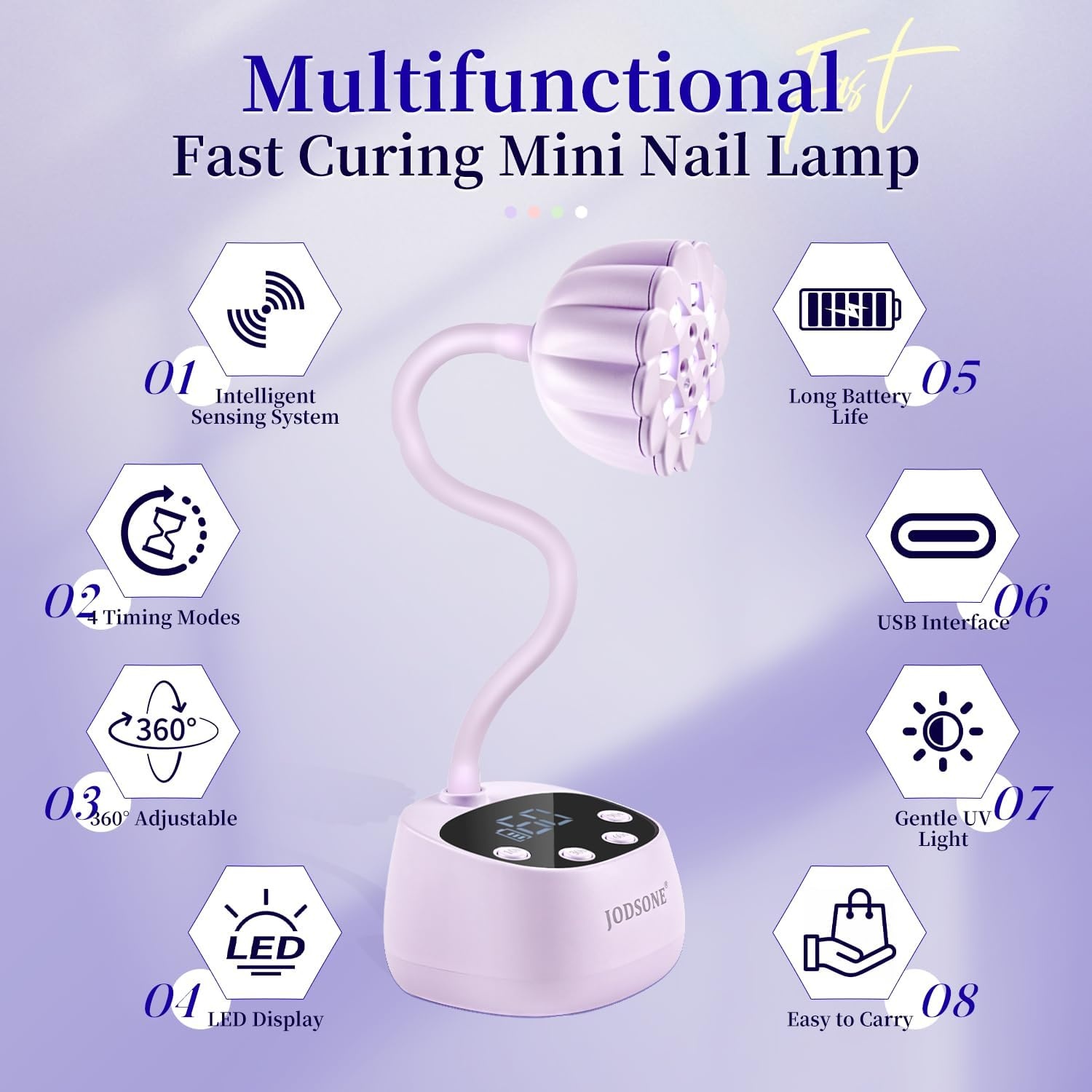 JODSONE Fast Curing U V Nail Lamp – Portable and Flexible Gooseneck Lamp with 360° Adjustable Design, Rechargeable LED Dryer for Gel Polish, Auto Sensor & 4 Timers, Home DIY Manicure Light Mint Green(Purple) - view 3