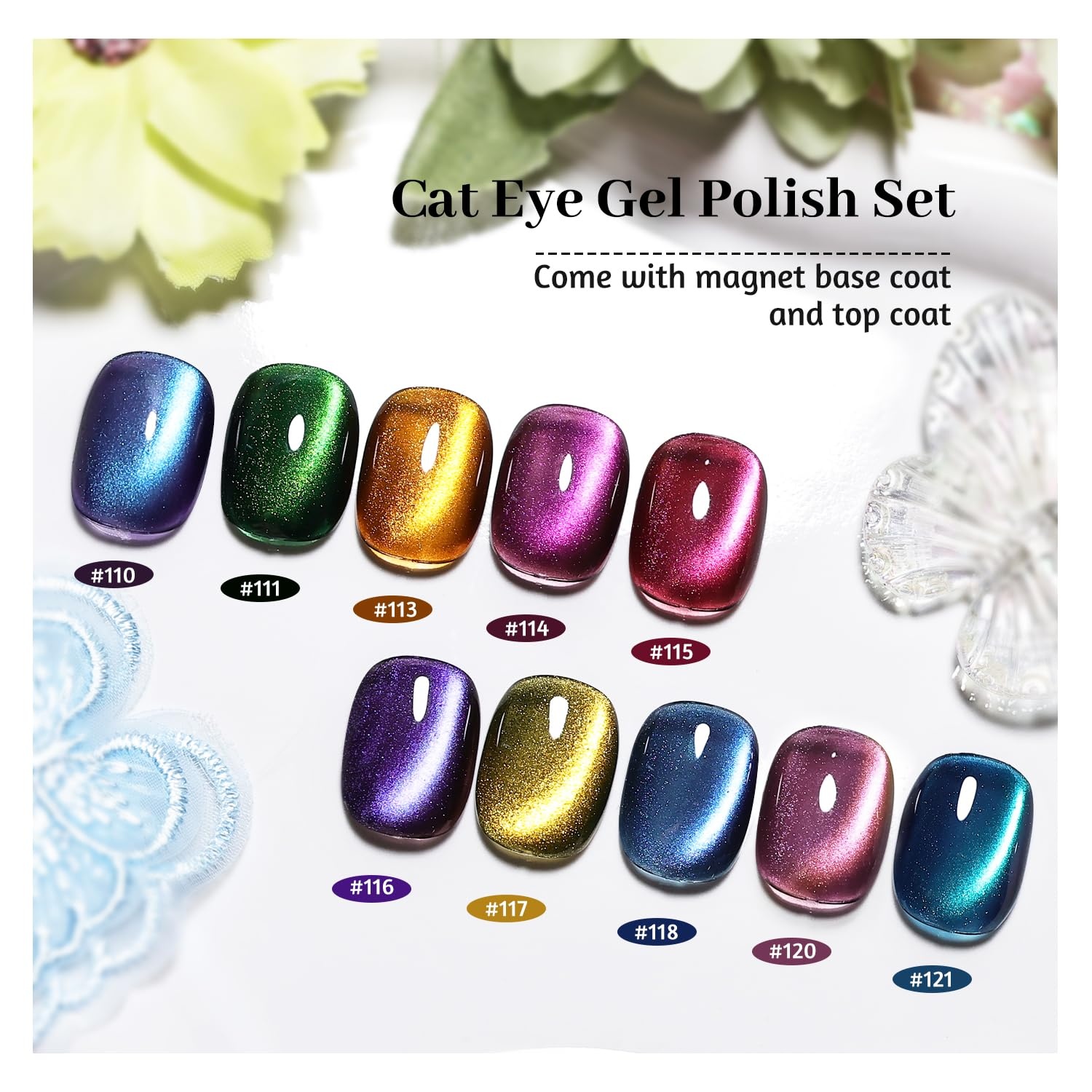 JODSONE Cat Eye Gel Nail Polish 10 Colors Blue Green Red with Base Coat Top Coat Magnet Stick Glazed Amber Cat Eye Gel for Home DIY(10Color-CE-8)