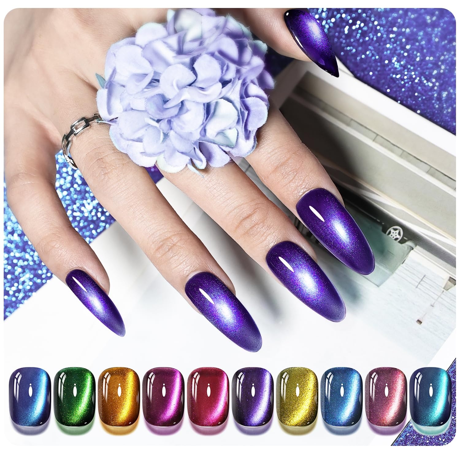 JODSONE Cat Eye Gel Nail Polish 10 Colors Blue Green Red with Base Coat Top Coat Magnet Stick Glazed Amber Cat Eye Gel for Home DIY(10Color-CE-8) - view 2