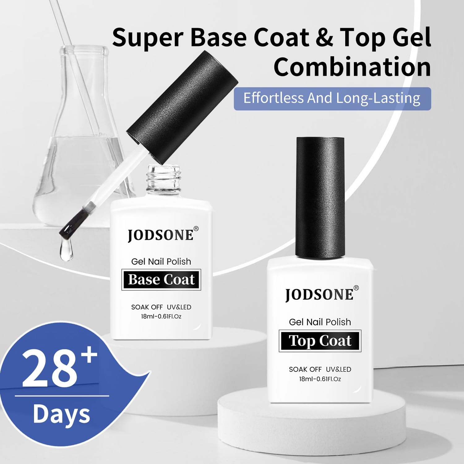 JODSONE 2 Bottles 18ml Top Coat Base Coat Gel Polish Set Compatible for Nail Salon Bright Surface, Girl Gift and At Home DIY Need U V Lamp Curing(18ML-BT-1)
