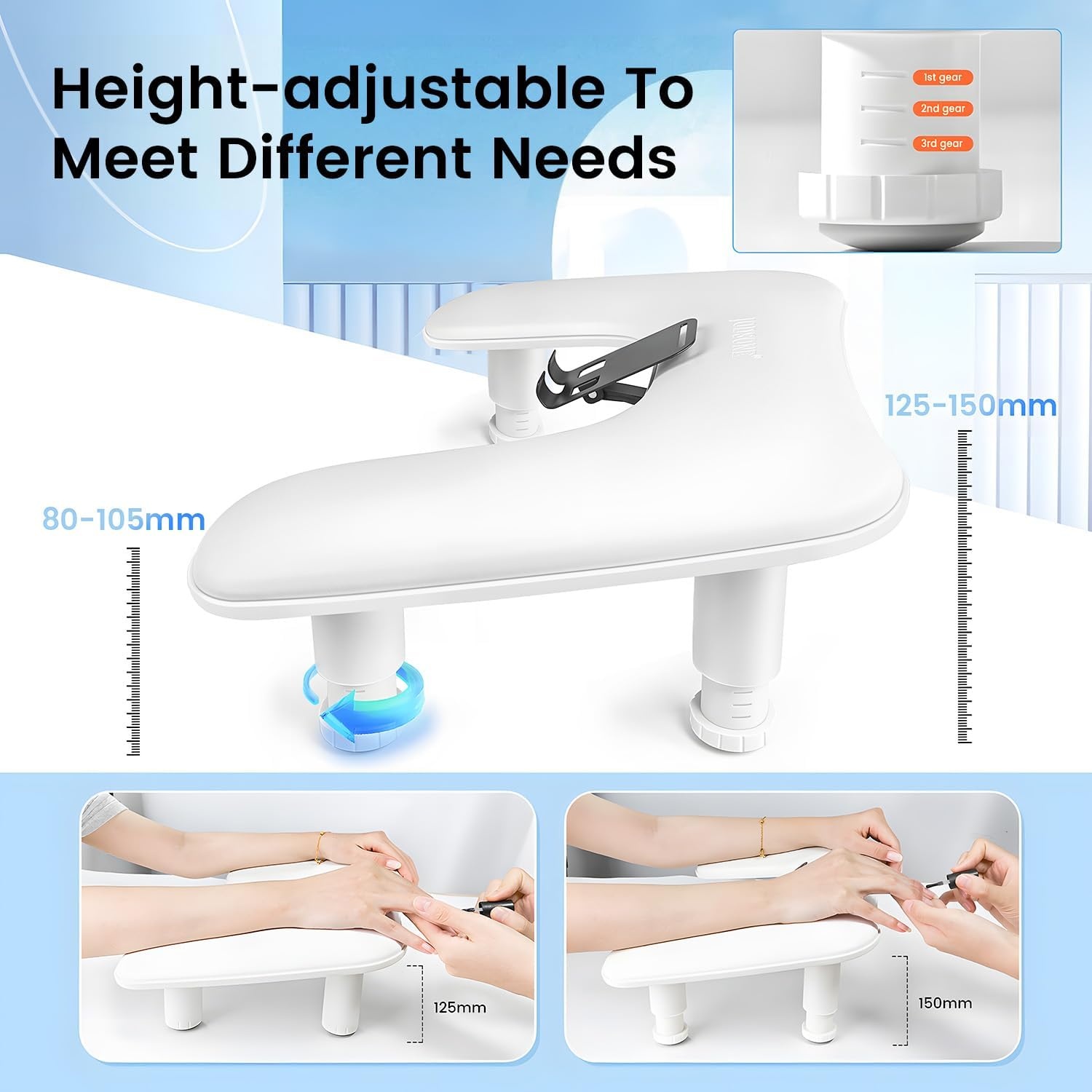 JODSONE U-Shaped Brown Arm Rest for Nails Tech with Rotating 360°Built-In Phone Holder and Adjustable Nail Arm Rest Detachable Manicure Hand Rest for Salon Design(White-Without Mat) - view 2