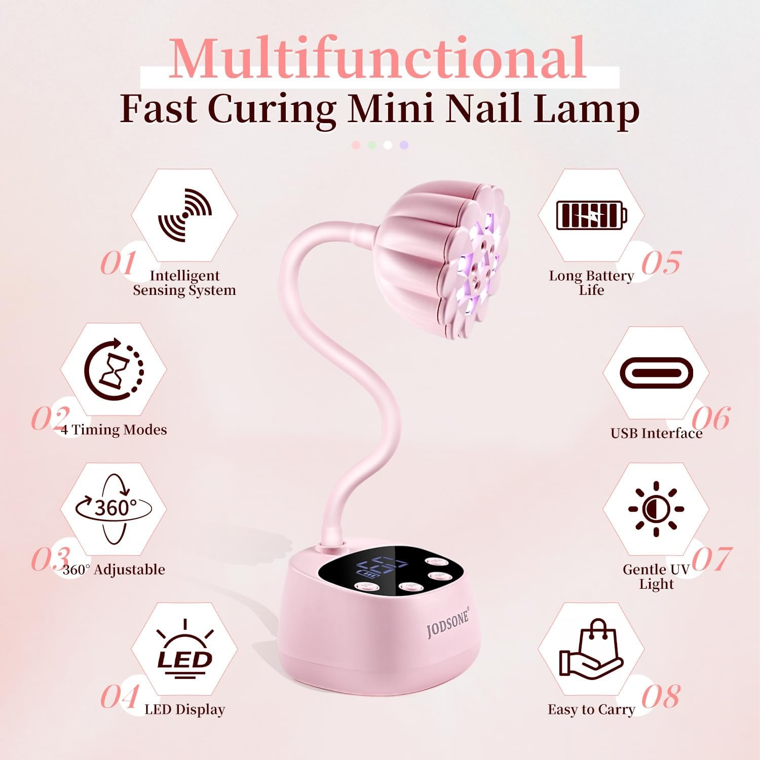 JODSONE Fast Curing U V Nail Lamp – Portable and Flexible Gooseneck Lamp with 360° Adjustable Design, Rechargeable LED Dryer for Gel Polish, Auto Sensor & 4 Timers, Home DIY Manicure Light Mint Green(Pink) - view 3