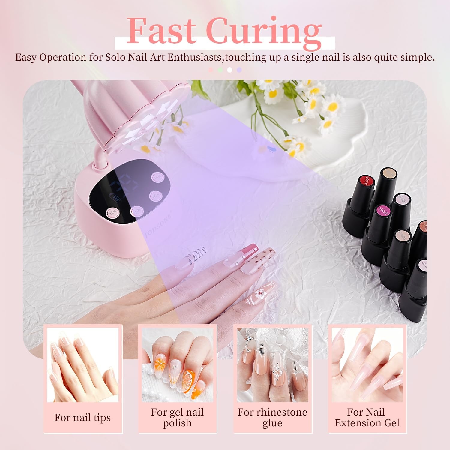 JODSONE Fast Curing U V Nail Lamp – Portable and Flexible Gooseneck Lamp with 360° Adjustable Design, Rechargeable LED Dryer for Gel Polish, Auto Sensor & 4 Timers, Home DIY Manicure Light Mint Green(Pink) - view 6