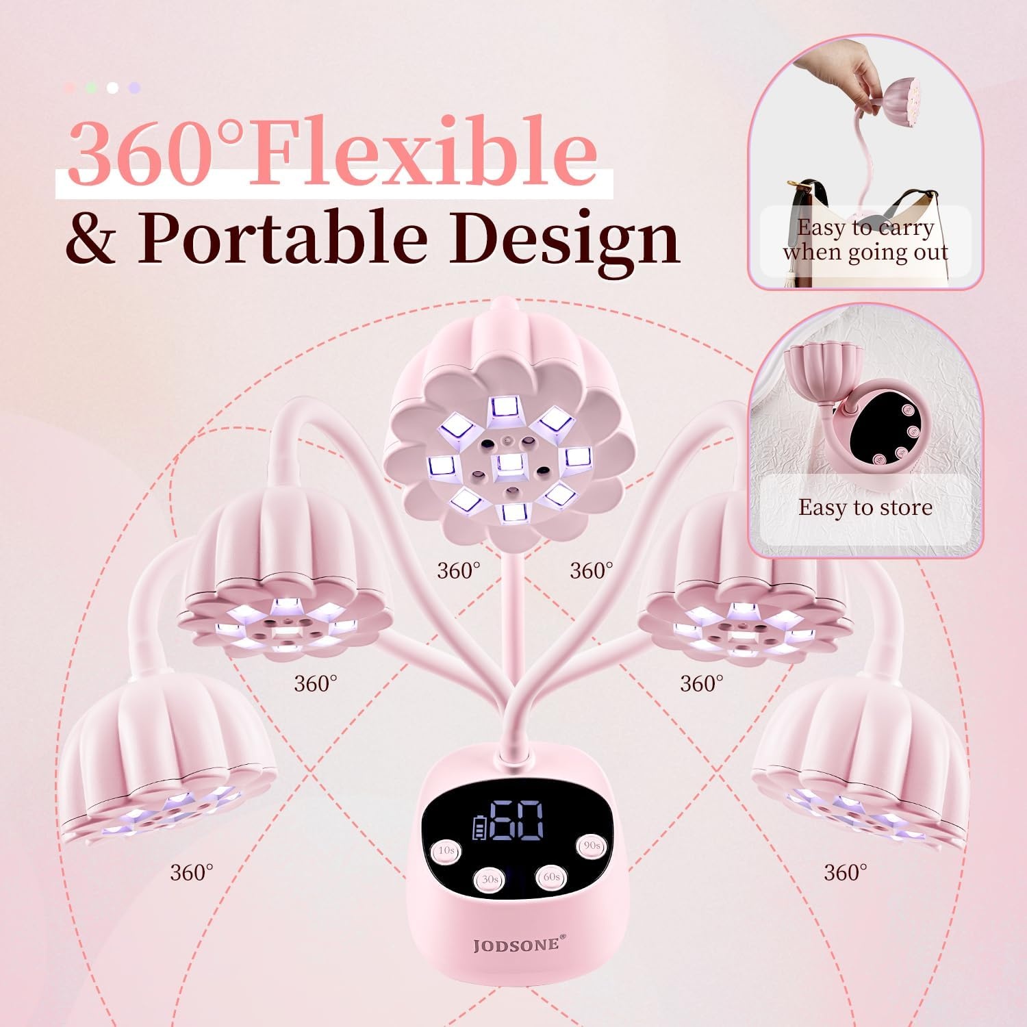 JODSONE Fast Curing U V Nail Lamp – Portable and Flexible Gooseneck Lamp with 360° Adjustable Design, Rechargeable LED Dryer for Gel Polish, Auto Sensor & 4 Timers, Home DIY Manicure Light Mint Green(Pink) - view 7