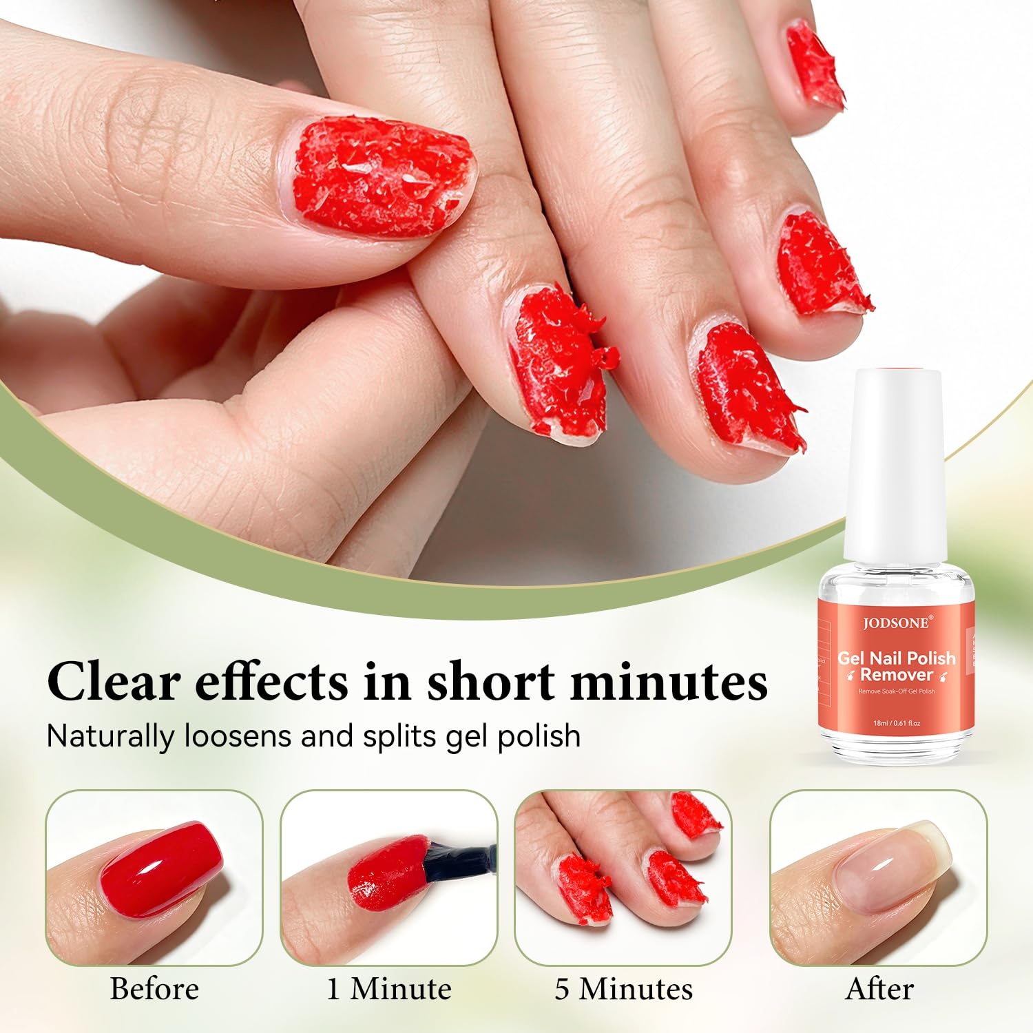 JODSONE 18ML Gel Nail Polish Remover, Wide Mouth Bottle for Easy and Quick Application, No Soak Off Gel Polish Remover for U V Gel Nails
