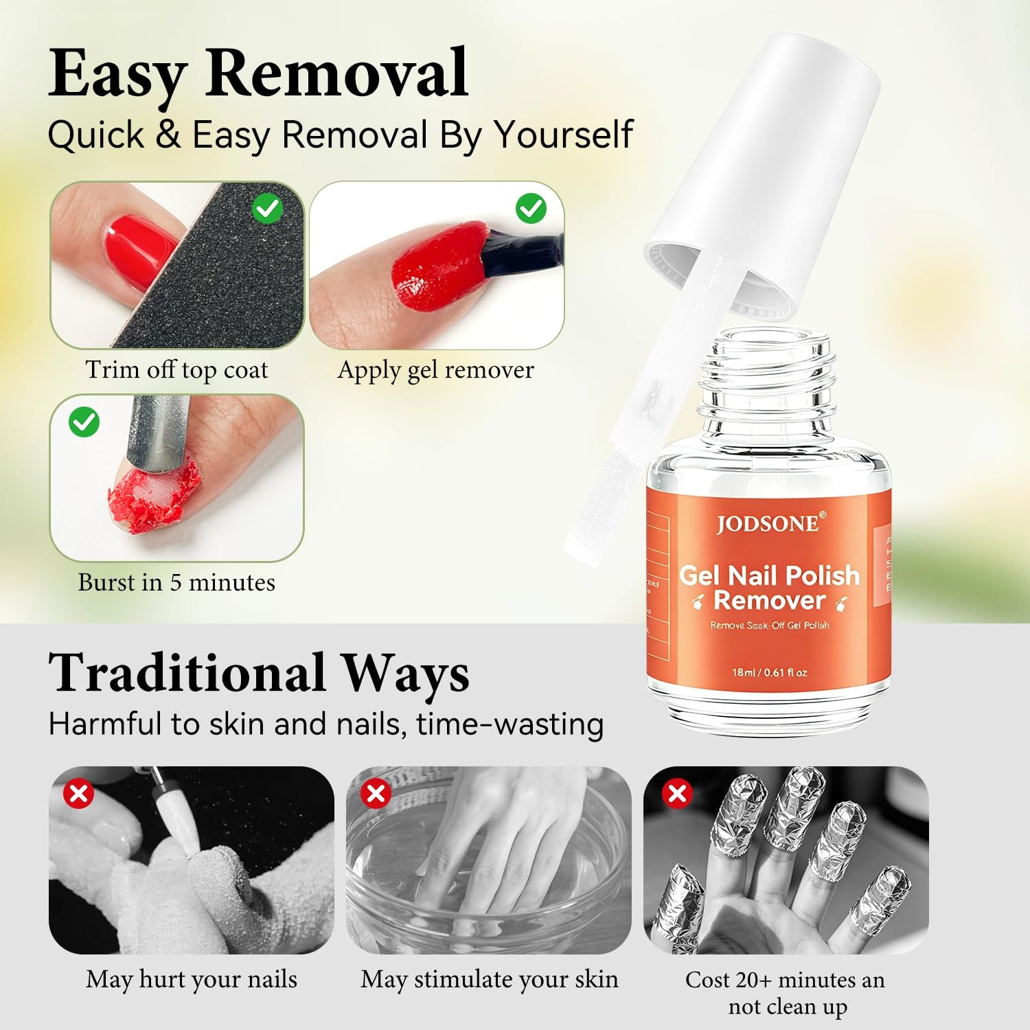 JODSONE 18ML Gel Nail Polish Remover, Wide Mouth Bottle for Easy and Quick Application, No Soak Off Gel Polish Remover for U V Gel Nails - view 3