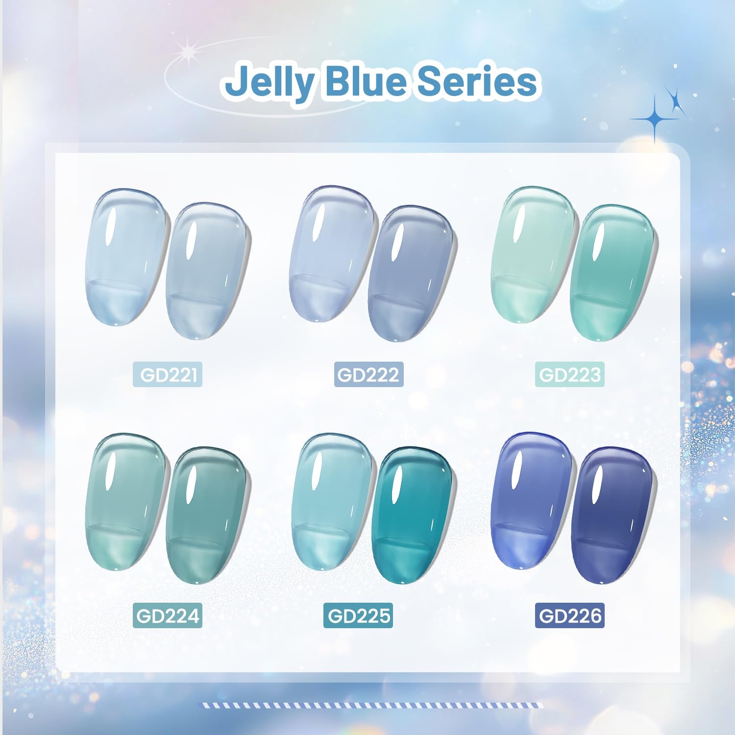 JODSONE 10ml 6 Colors Jelly Gel Nail Polish Set Ocean Blue Turquoise Gel Polish with Crystal Long Lasting All Seasons Need U V Lamp(GD221-GD226)