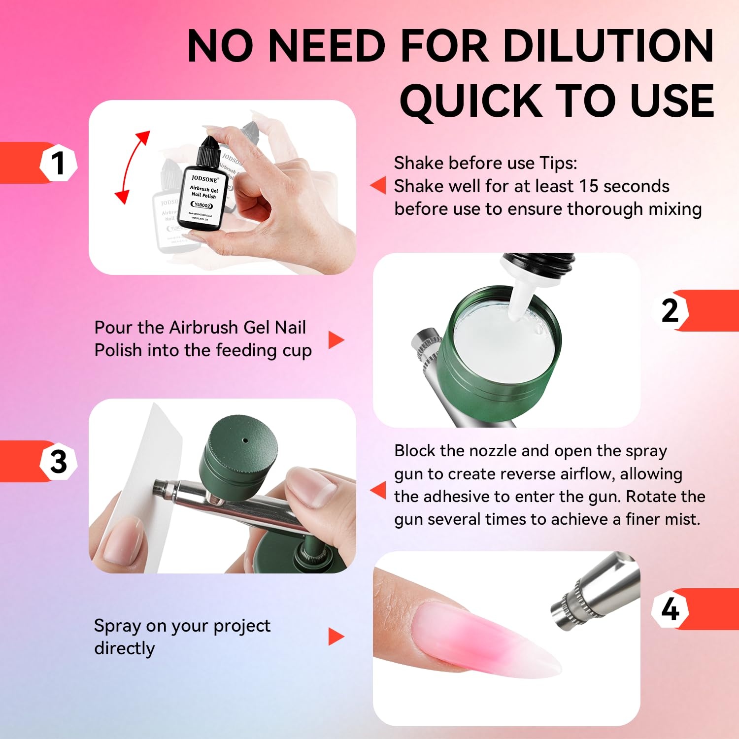 JODSONE 18ml 6 Colors Airbrush Gel Nail Polish Set with Pure White Nude Pink Deep Magenta No Dilution Fine Mist Nail for Gradient French Manicure DIY Design(6Color-Airbrush-4) - view 6