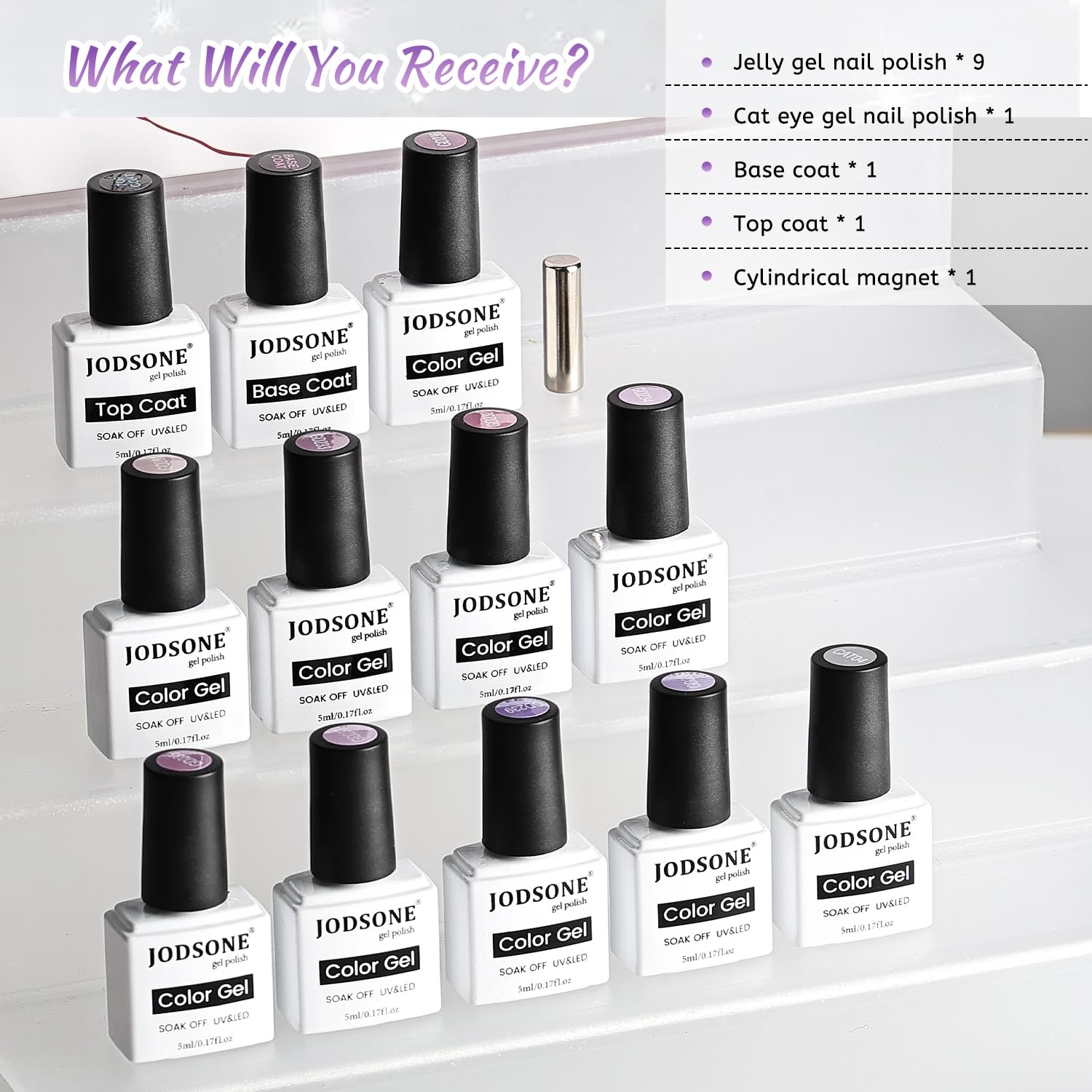 JODSONE 10 Colors Gel Nail Polish Set with Base Coat & Top Coat White Pink Purple and Red Gel Polish for All Seasons Women’s Holiday Gift(10SET-Jelly-Purple)