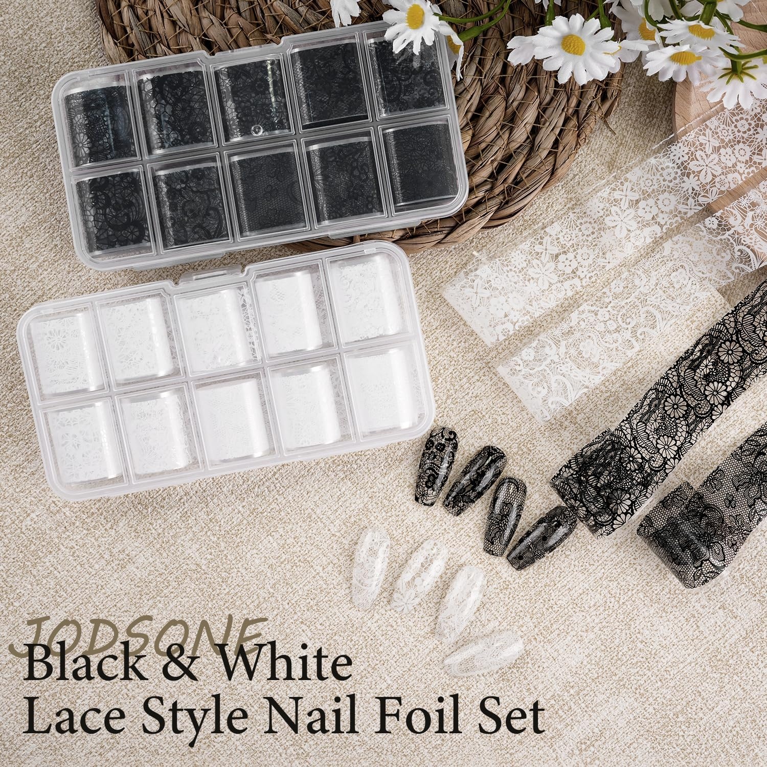 JODSONE 20 Rolls Lace Nail Foils, Black and White Lace Nail Art Transfer Sheets, Must Be Used with Nail Foil Glue, Transfer Foils for Manicure Salon & Home Use (Not Self-Adhesive Stickers) - view 2