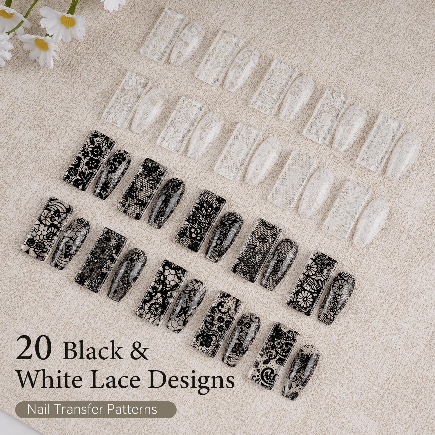 JODSONE 20 Rolls Lace Nail Foils, Black and White Lace Nail Art Transfer Sheets, Must Be Used with Nail Foil Glue, Transfer Foils for Manicure Salon & Home Use (Not Self-Adhesive Stickers) - view 3