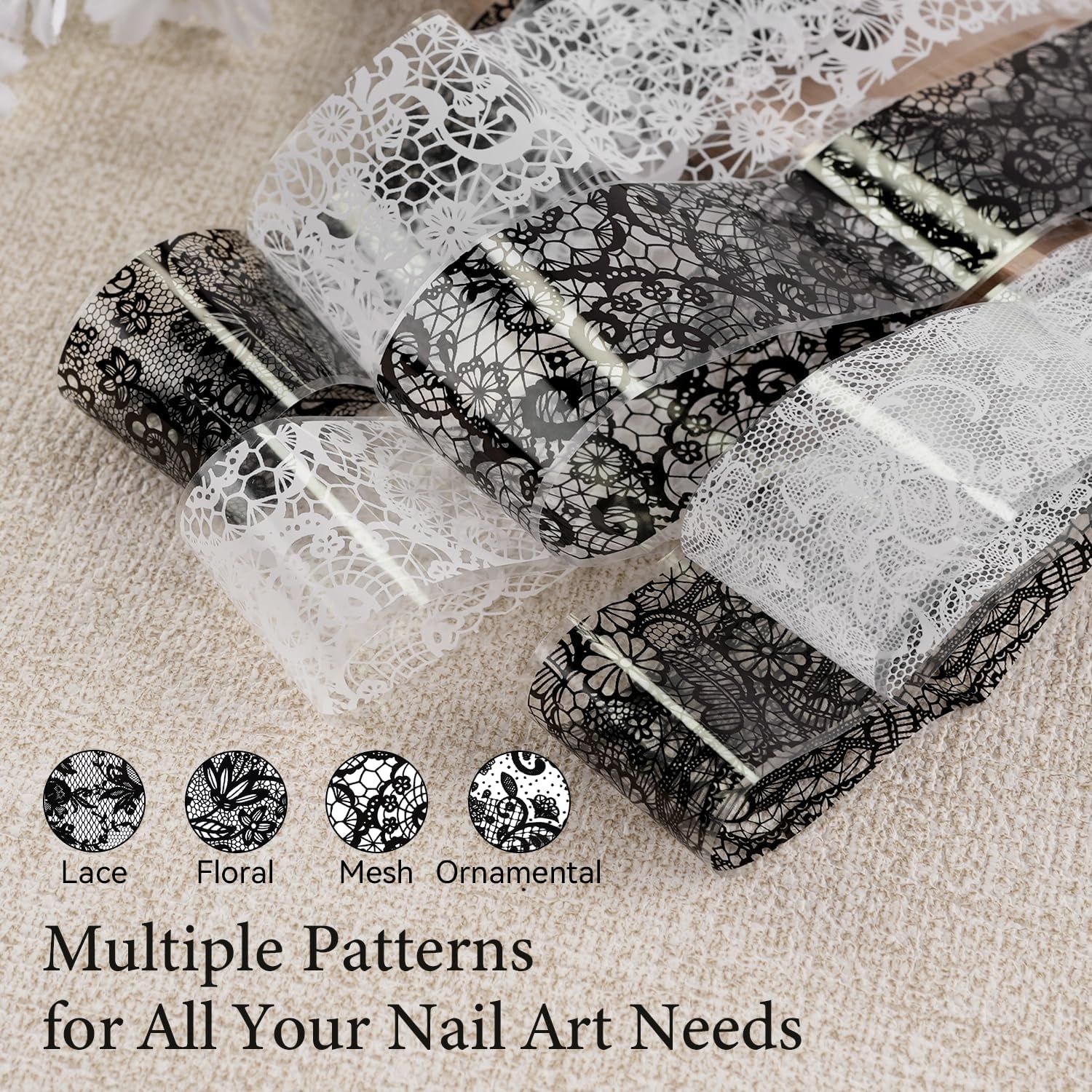 JODSONE 20 Rolls Lace Nail Foils, Black and White Lace Nail Art Transfer Sheets, Must Be Used with Nail Foil Glue, Transfer Foils for Manicure Salon & Home Use (Not Self-Adhesive Stickers) - view 4