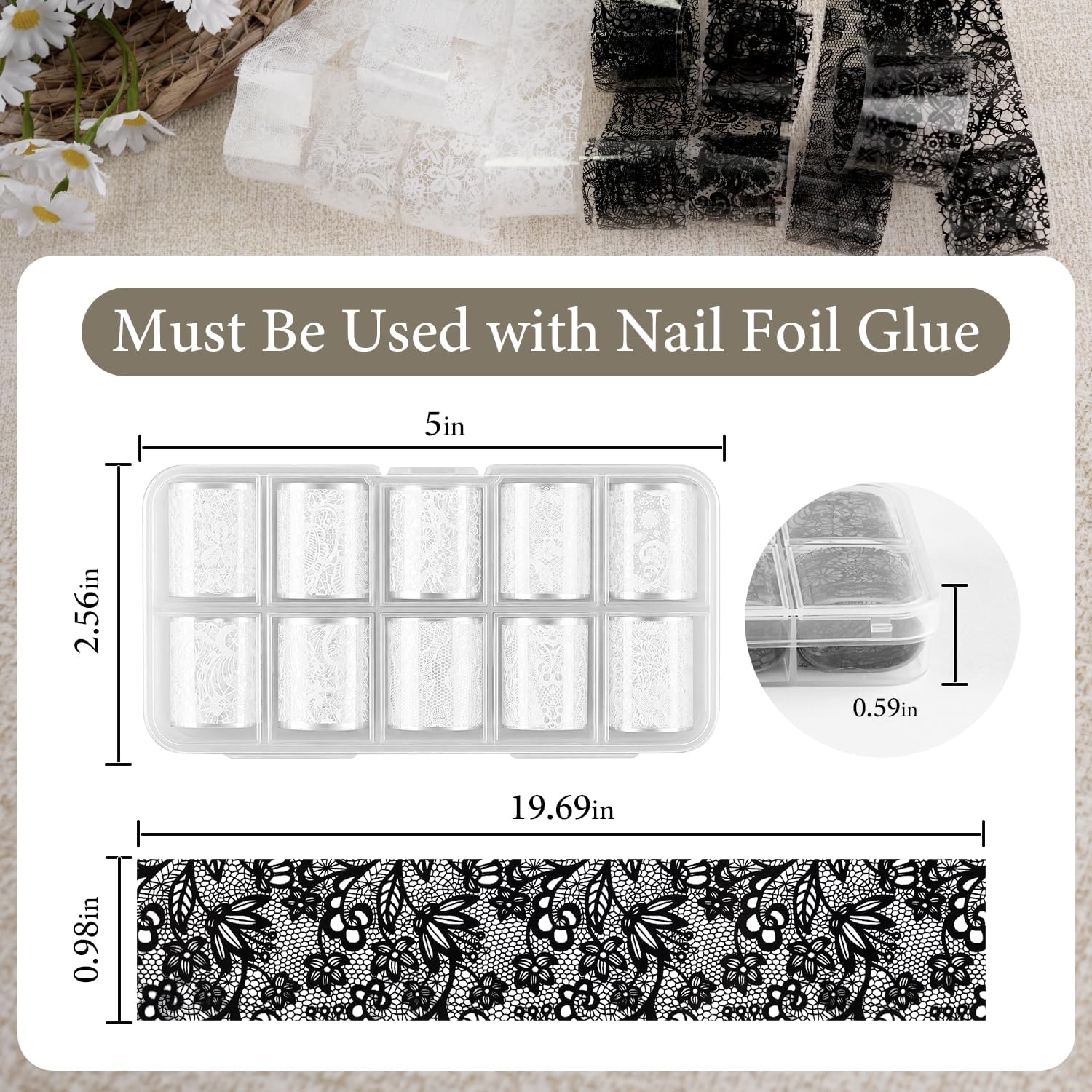 JODSONE 20 Rolls Lace Nail Foils, Black and White Lace Nail Art Transfer Sheets, Must Be Used with Nail Foil Glue, Transfer Foils for Manicure Salon & Home Use (Not Self-Adhesive Stickers) - view 8