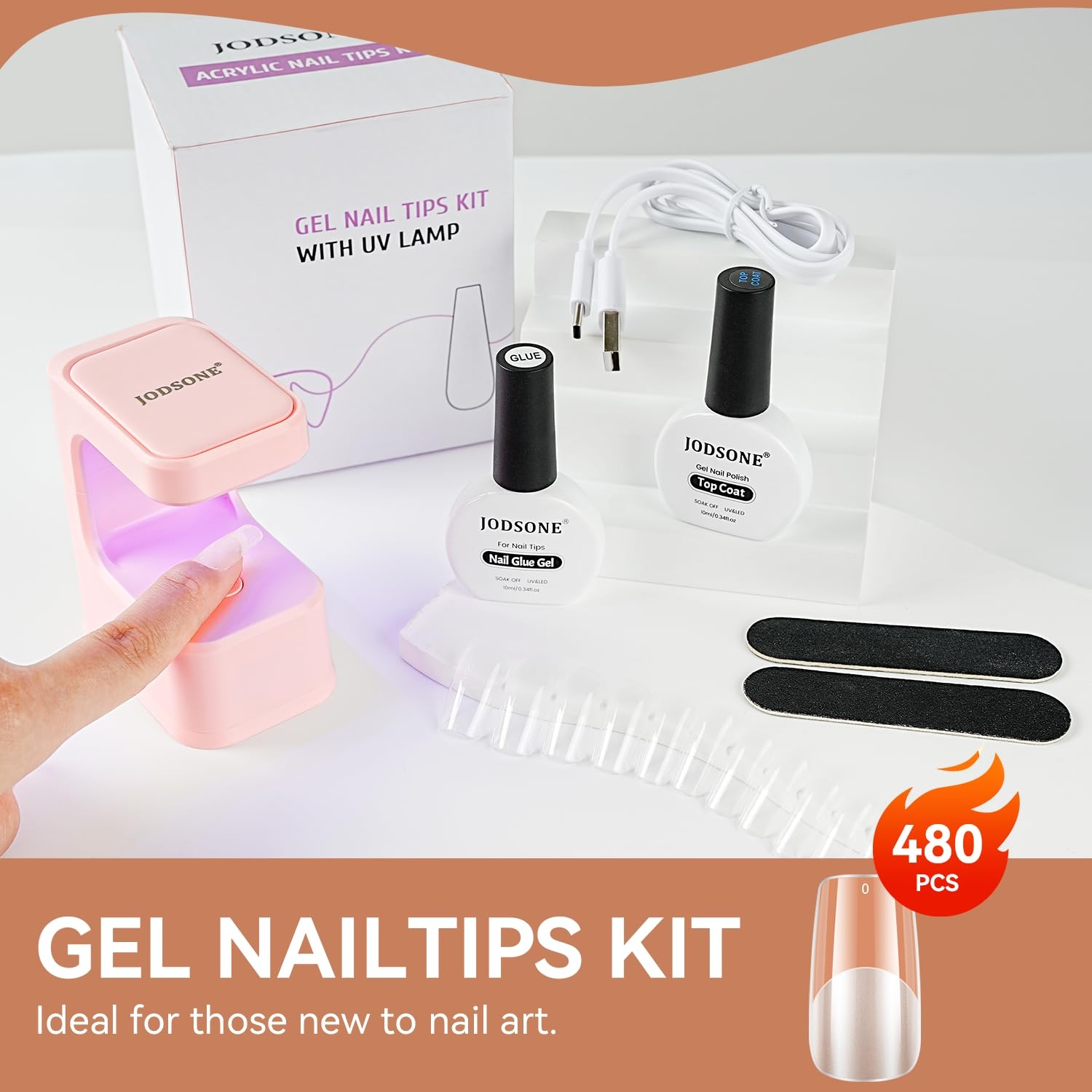 JODSONE Gel Nail Kit Square Nail Tips 480PCS Mini Rechargeable Nail Lamp Pre Shaped Clear Full Cover Fake Nails Tips with Nail Glue & Top Coat U V LED Curing Lamp DIY Manicure Gifts for Women(Lamp Clear Nail Tips-Square-1)