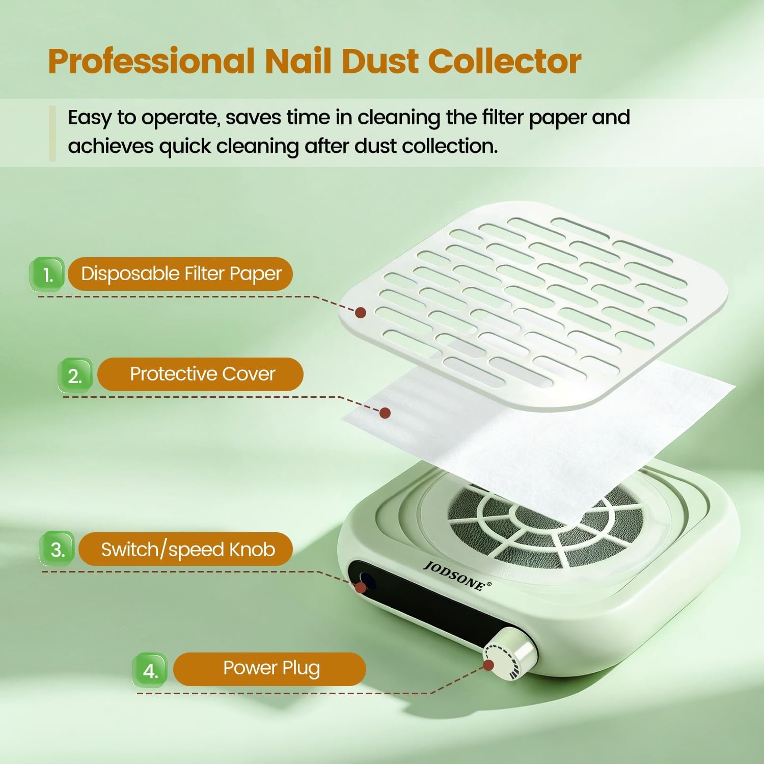JODSONE 6000RPM Mini Nail Dust Collector PocketSized Powerful Suction Portable Nail Salon with 30 Filters Green - view 3