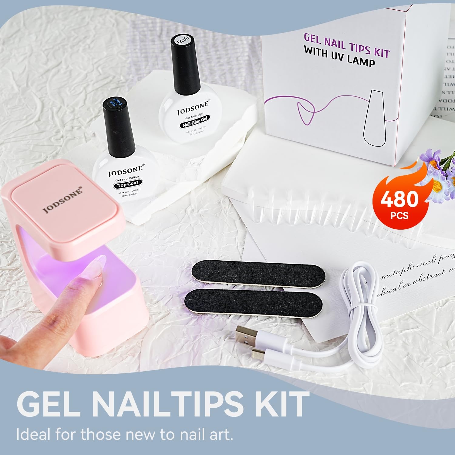 JODSONE Gel Nail Kit Square Nail Tips 480PCS Mini Rechargeable Nail Lamp Pre Shaped Clear Full Cover Fake Nails Tips with Nail Glue & Top Coat U V LED Curing Lamp DIY Manicure Gifts for Women(Lamp Clear Nail Tips-Short Water drop-1)