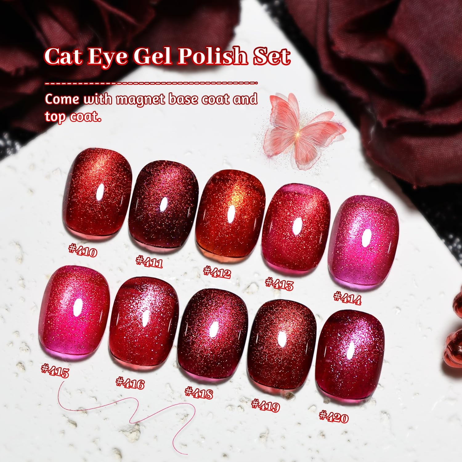 JODSONE 10 Colors Gel Nail Polish Set with Base Coat and Top Coat Magnetic Stick Aurora Crystals Cat Eye Perfect Holiday Gifts for Manicure and Lovers(10Colors-CE-6)