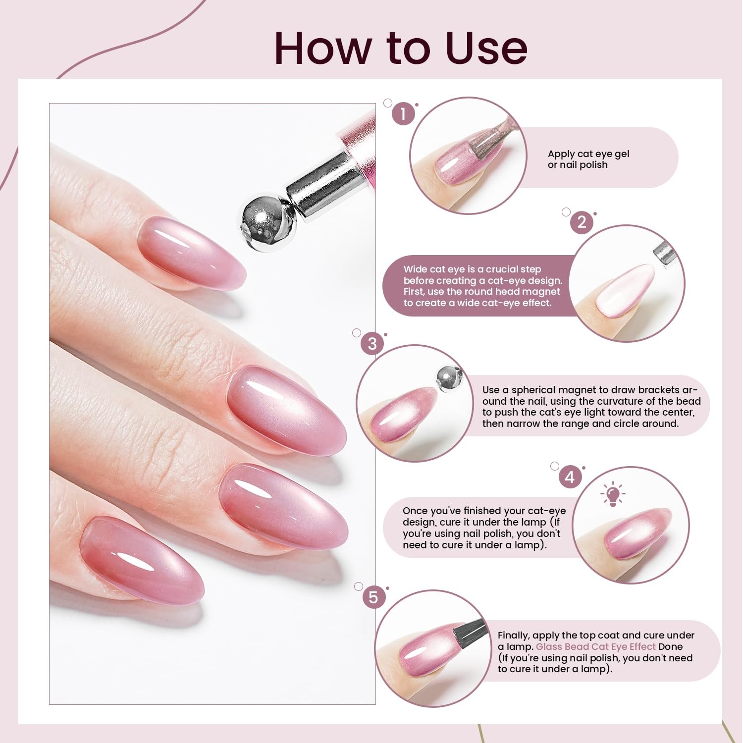 JODSONE 3-in-1 Cat Eye Magnet Nail Art Tool,Pink Gold Cylindrical & Round Ball Nail Magnet Pens, Multi-Effect Magnets for Cat Eye Gel Polish DIY at Home Salon(Magnet Only, No Gel Included)(RoseGold) - view 3