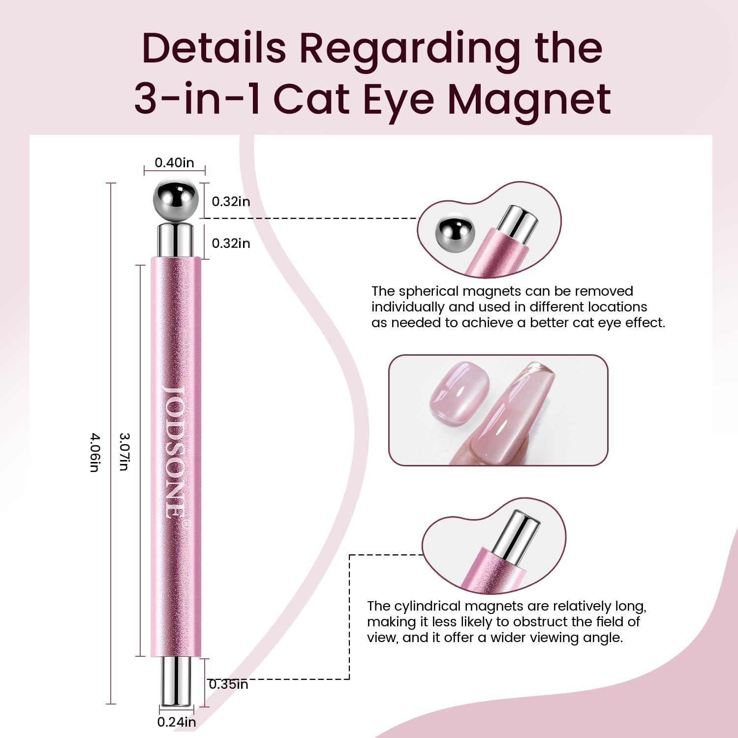 JODSONE 3-in-1 Cat Eye Magnet Nail Art Tool,Pink Gold Cylindrical & Round Ball Nail Magnet Pens, Multi-Effect Magnets for Cat Eye Gel Polish DIY at Home Salon(Magnet Only, No Gel Included)(RoseGold) - view 4