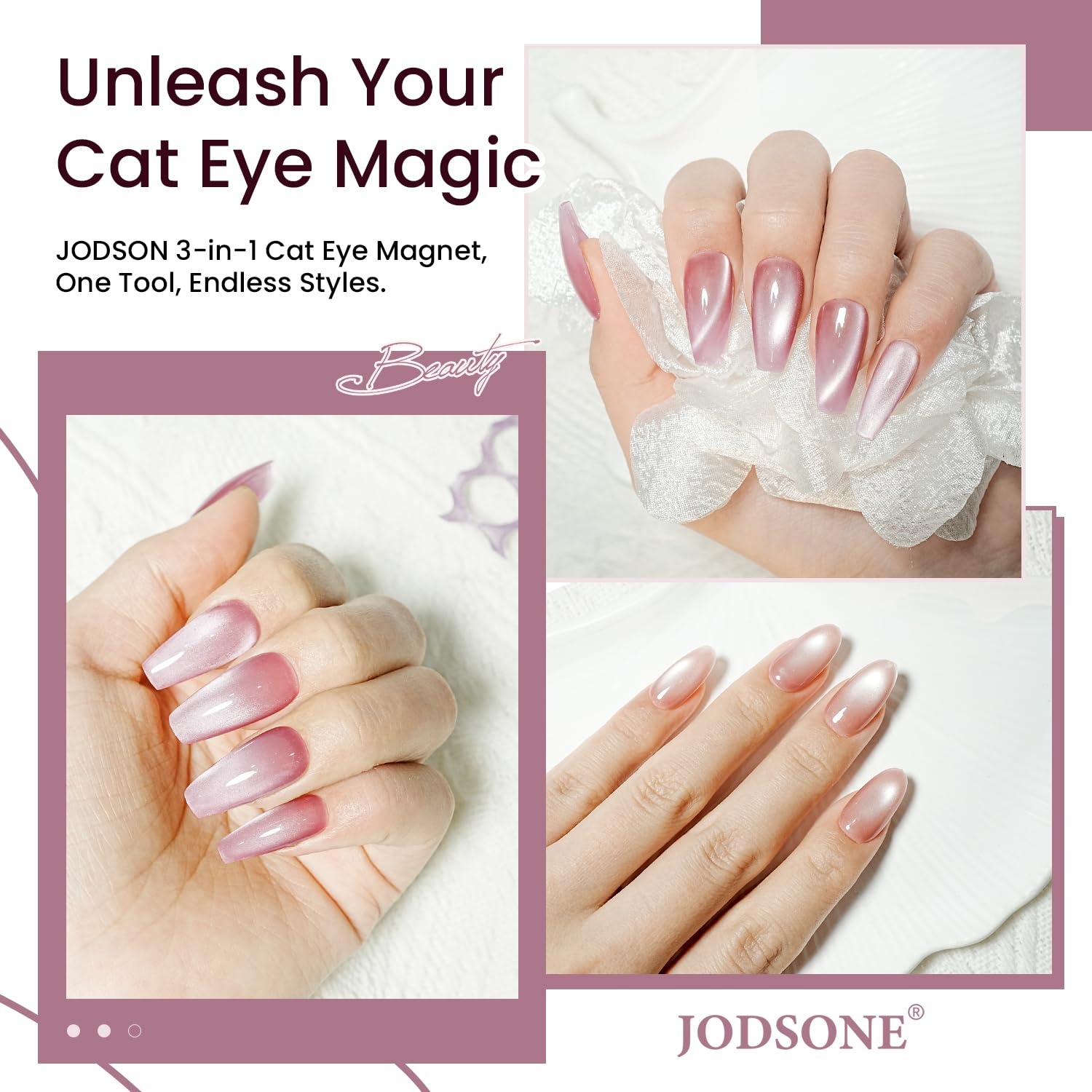 JODSONE 3-in-1 Cat Eye Magnet Nail Art Tool,Pink Gold Cylindrical & Round Ball Nail Magnet Pens, Multi-Effect Magnets for Cat Eye Gel Polish DIY at Home Salon(Magnet Only, No Gel Included)(RoseGold) - view 6