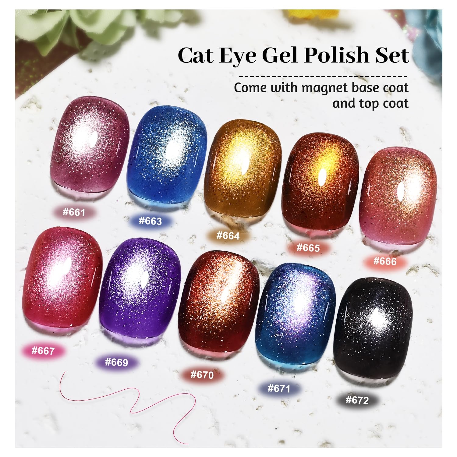 JODSONE 10 Colors Gel Nail Polish Set with Base Coat and Top Coat Magnetic Stick Aurora Crystals Cat Eye Perfect Holiday Gifts for Manicure and Lovers(10Color-CE-3)