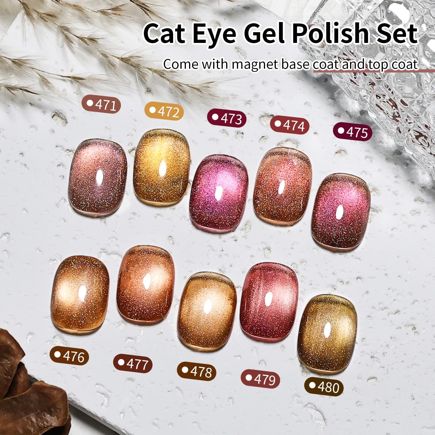 JODSONE 10 Colors Gel Nail Polish Set with Base Coat and Top Coat Magnetic Stick Aurora Crystals Cat Eye Perfect Holiday Gifts for Manicure and Lovers(10Color-CE-14)