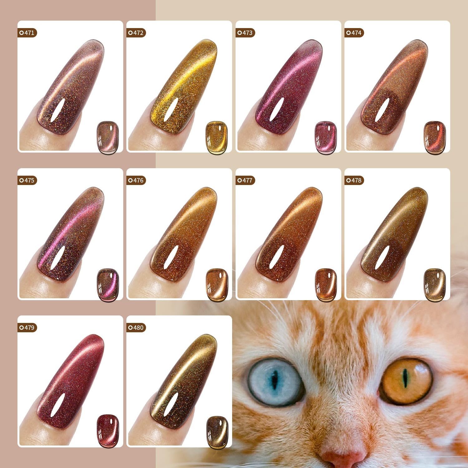 JODSONE 10 Colors Gel Nail Polish Set with Base Coat and Top Coat Magnetic Stick Aurora Crystals Cat Eye Perfect Holiday Gifts for Manicure and Lovers(10Color-CE-14) - view 2