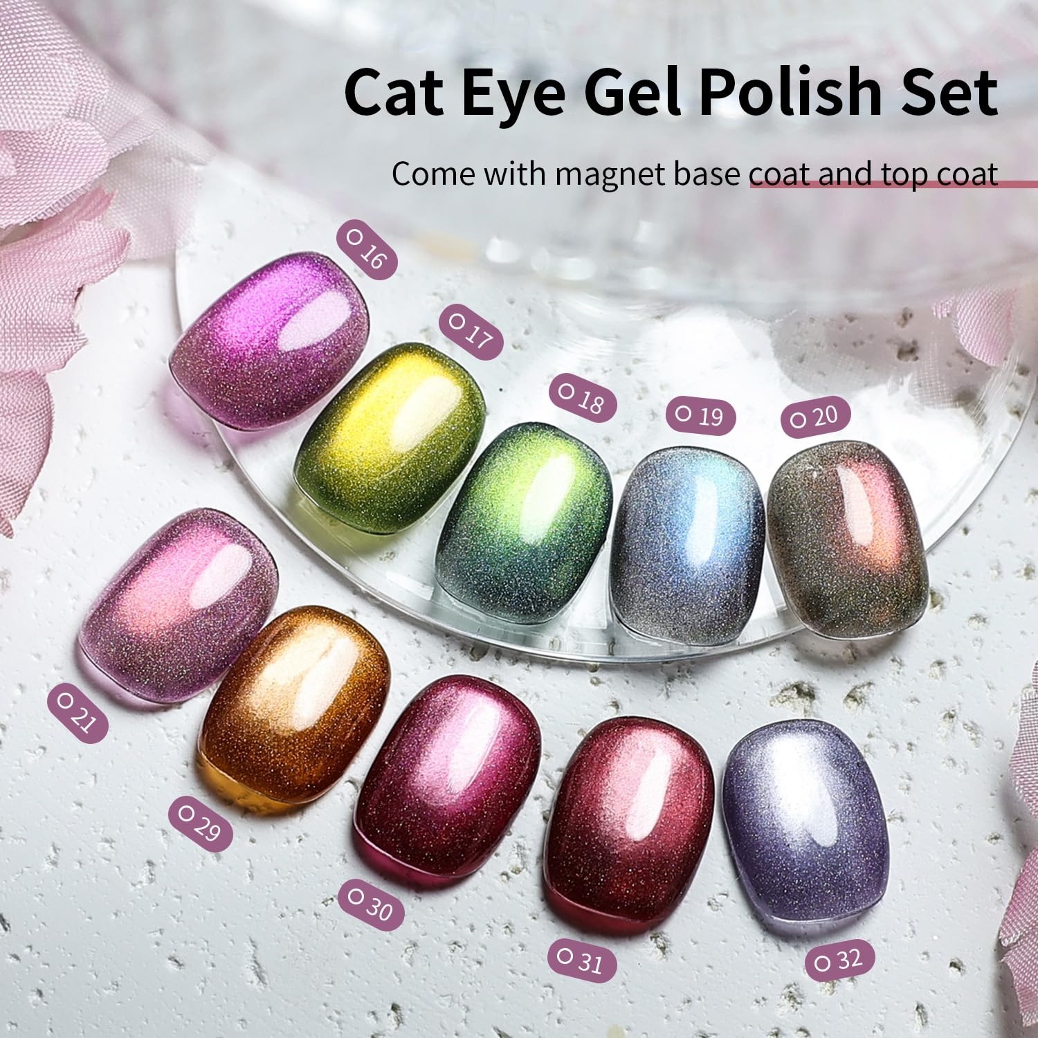 JODSONE 10 Colors Gel Nail Polish Set with Base Coat and Top Coat Magnetic Stick Aurora Crystals Cat Eye Perfect Holiday Gifts for Manicure and Lovers(10Color-CE-10)