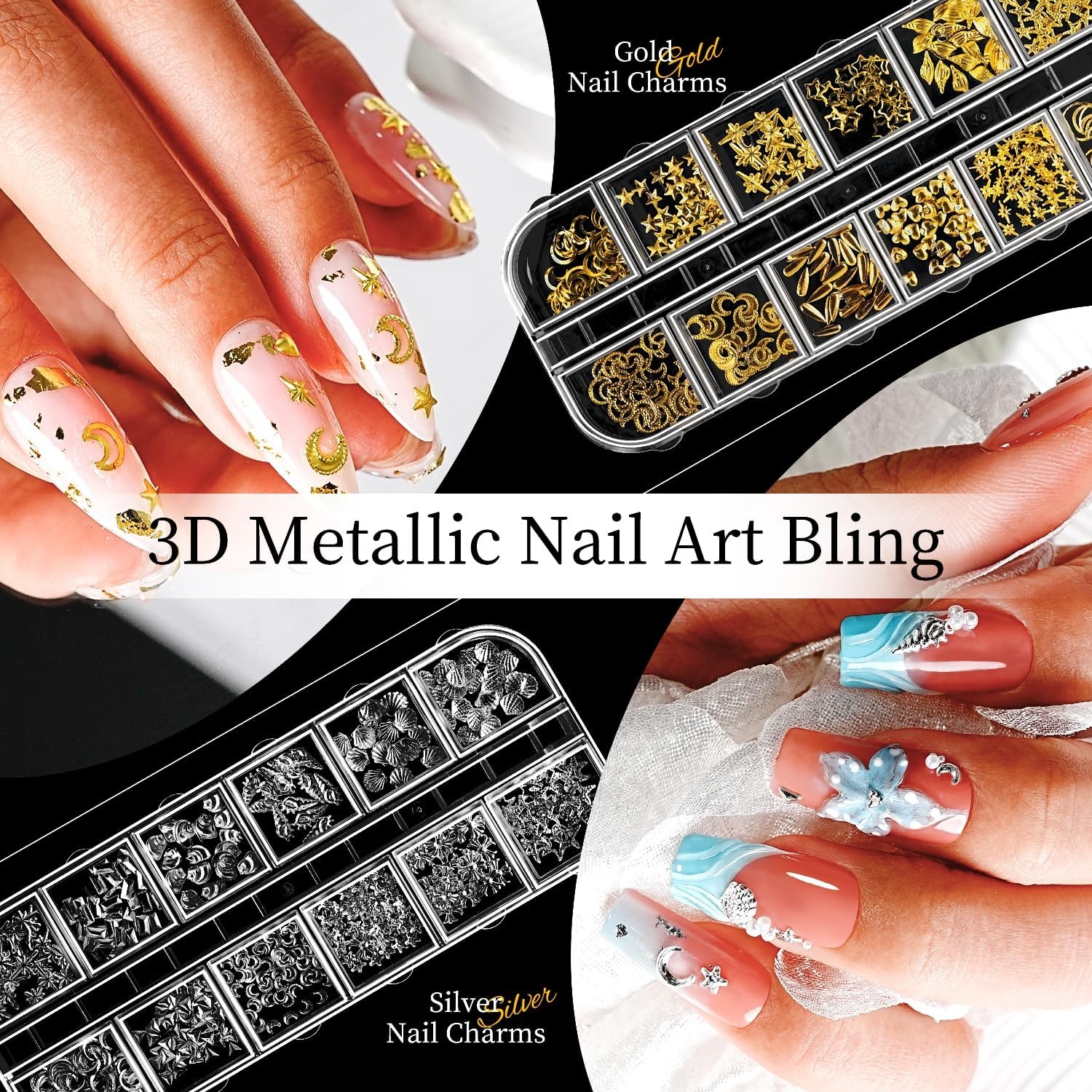 JODSONE Nail Charms,Nail Rhinestones Kit with 6 Boxes of Rhinestones,12 Nail Stickers in 2 Colors Multi Shape Pearls Jewels Crystals with Nails Art Tools(multicolored)