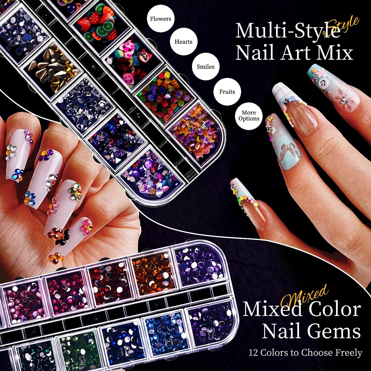 JODSONE Nail Charms,Nail Rhinestones Kit with 6 Boxes of Rhinestones,12 Nail Stickers in 2 Colors Multi Shape Pearls Jewels Crystals with Nails Art Tools(multicolored) - view 2