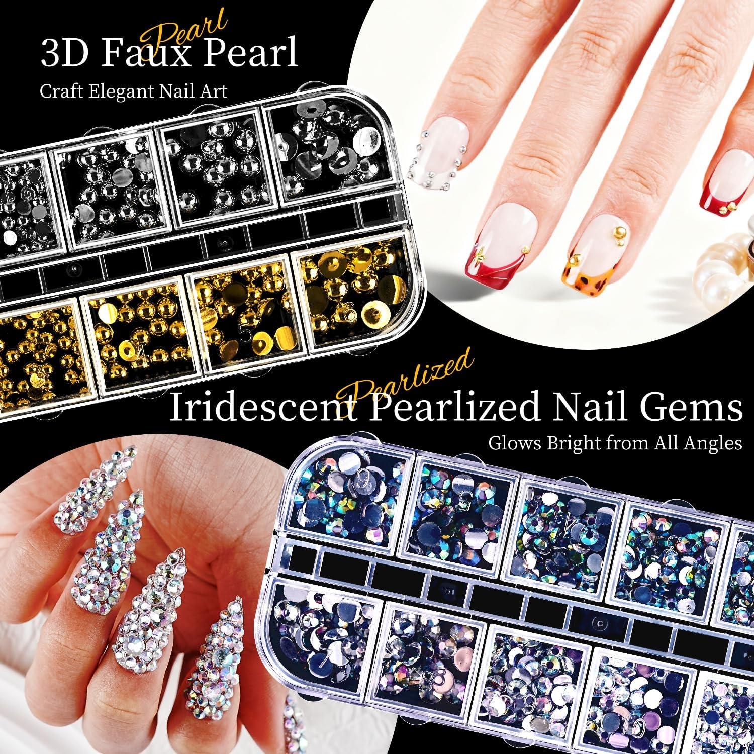 JODSONE Nail Charms,Nail Rhinestones Kit with 6 Boxes of Rhinestones,12 Nail Stickers in 2 Colors Multi Shape Pearls Jewels Crystals with Nails Art Tools(multicolored) - view 3