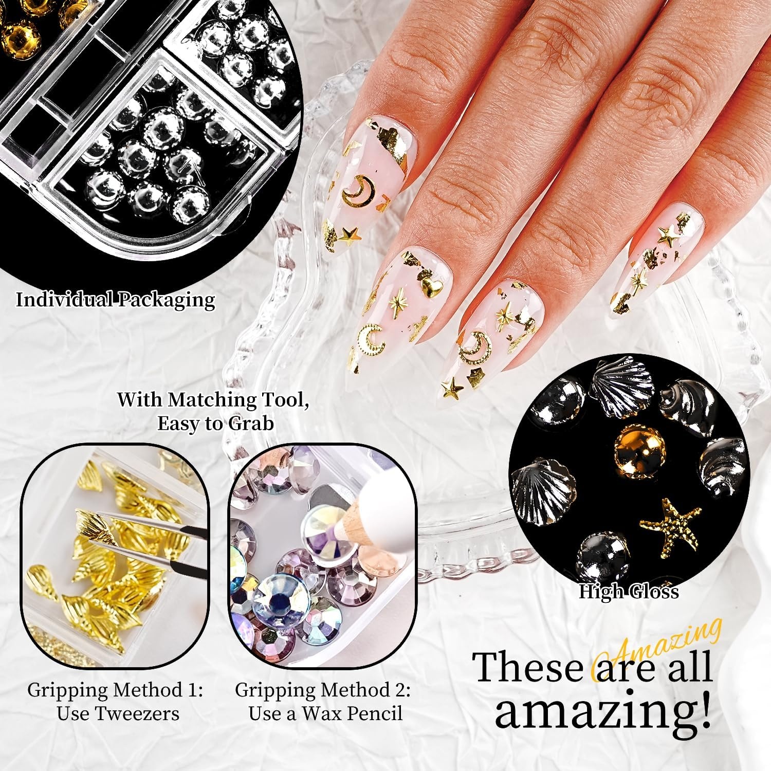 JODSONE Nail Charms,Nail Rhinestones Kit with 6 Boxes of Rhinestones,12 Nail Stickers in 2 Colors Multi Shape Pearls Jewels Crystals with Nails Art Tools(multicolored) - view 5
