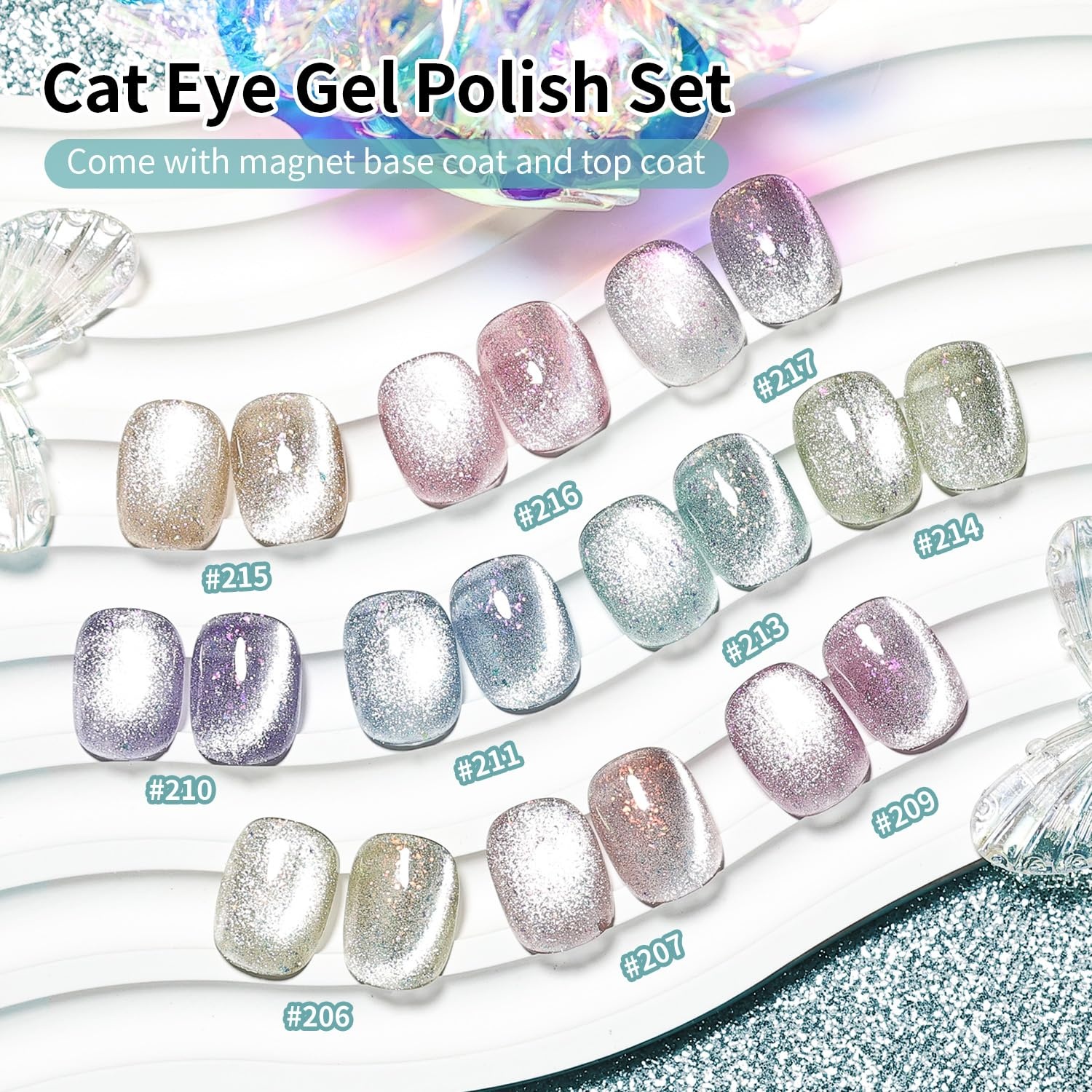 JODSONE 10 Colors Gel Nail Polish Set with Base Coat and Top Coat Magnetic Stick Aurora Crystals Cat Eye Perfect Holiday Gifts for Manicure and Lovers(10Color-CE-12)