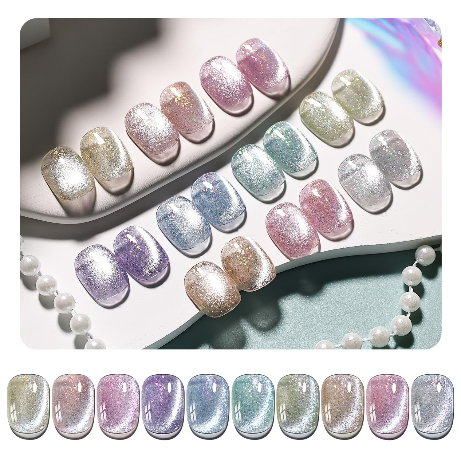 JODSONE 10 Colors Gel Nail Polish Set with Base Coat and Top Coat Magnetic Stick Aurora Crystals Cat Eye Perfect Holiday Gifts for Manicure and Lovers(10Color-CE-12) - view 6